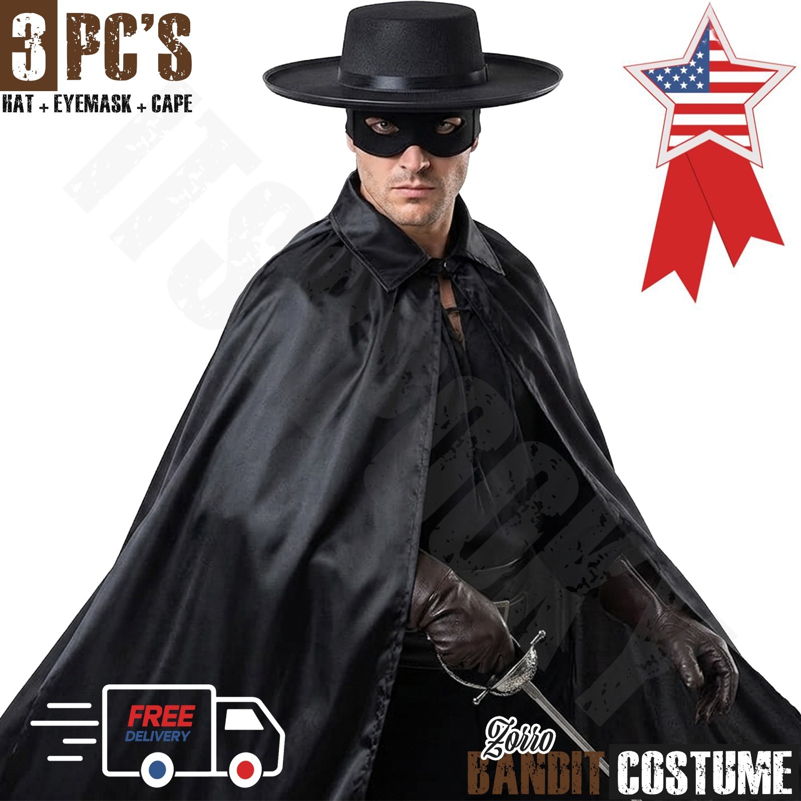 Mexican Zorro Bandit Black Costume Set Bandit Hat Eyemask & Cape Halloween Set