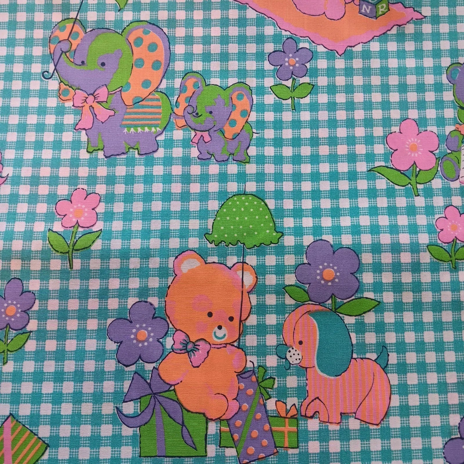 Vintage 1970s Novelty Childrens  Fabric Gingham Neon Baby Animals SOLD BTY