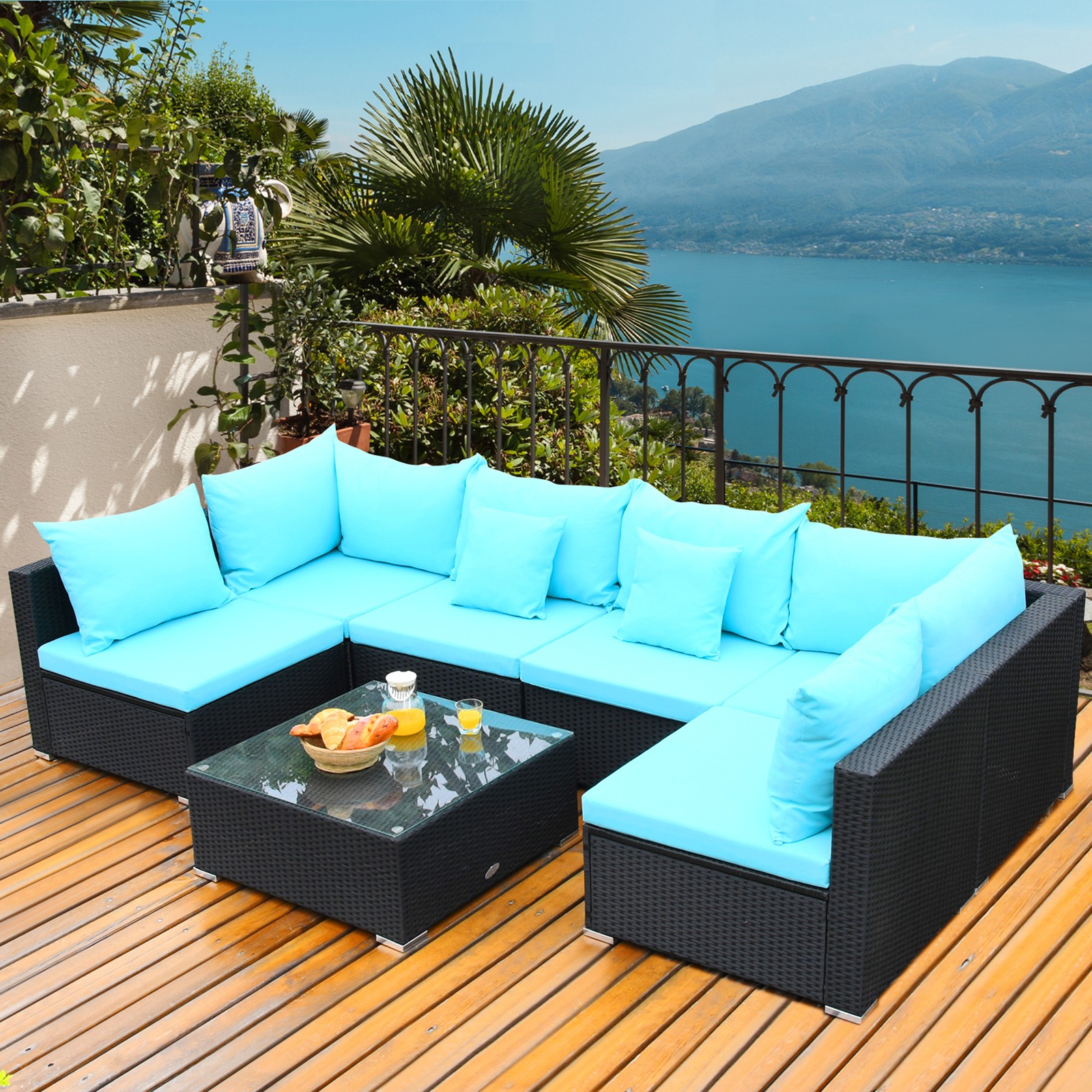 7PCS Rattan Patio Conversation Set Sectional Furniture Set w/ Blue Cushion