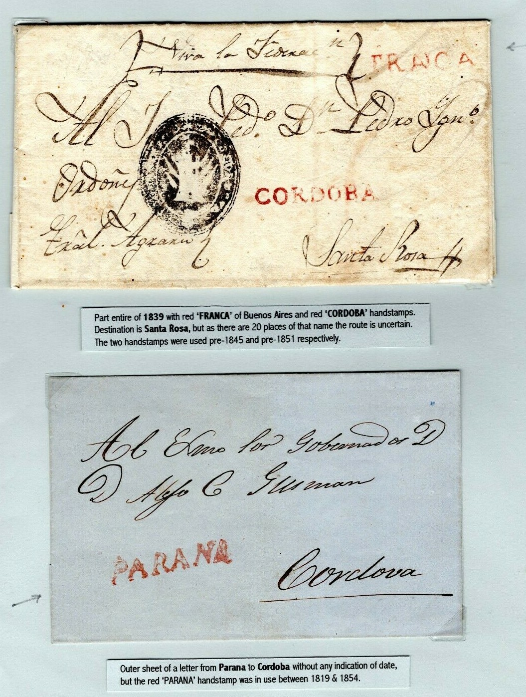 ARGENTINA Covers{2} Red *FRANCA* *PARANA* & *CORDOBA* Red Handstamps 1839 EP429