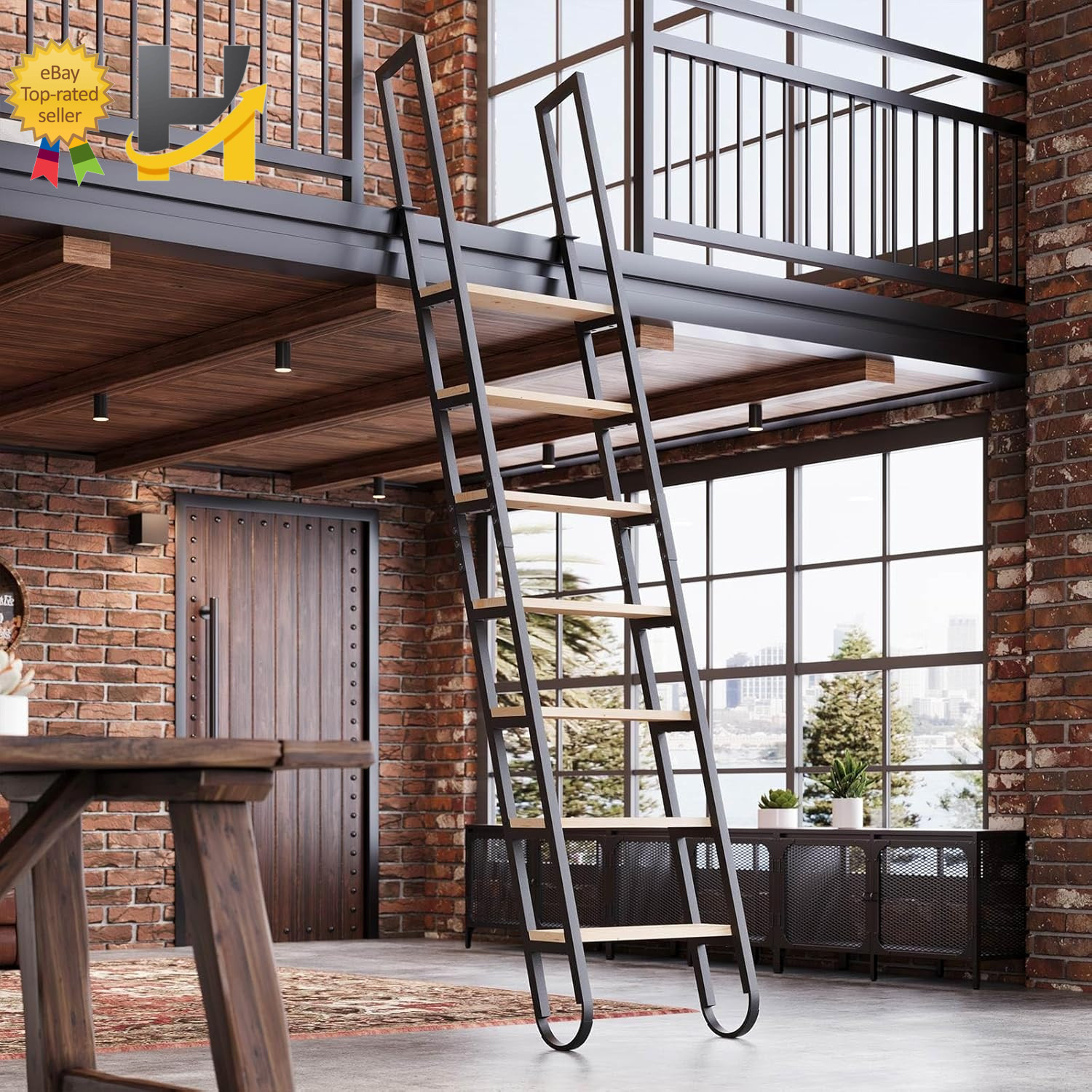 9.35FT Industrial Style Loft Ladder 7 Steps w/Steel Handrails & Solid Wood Steps