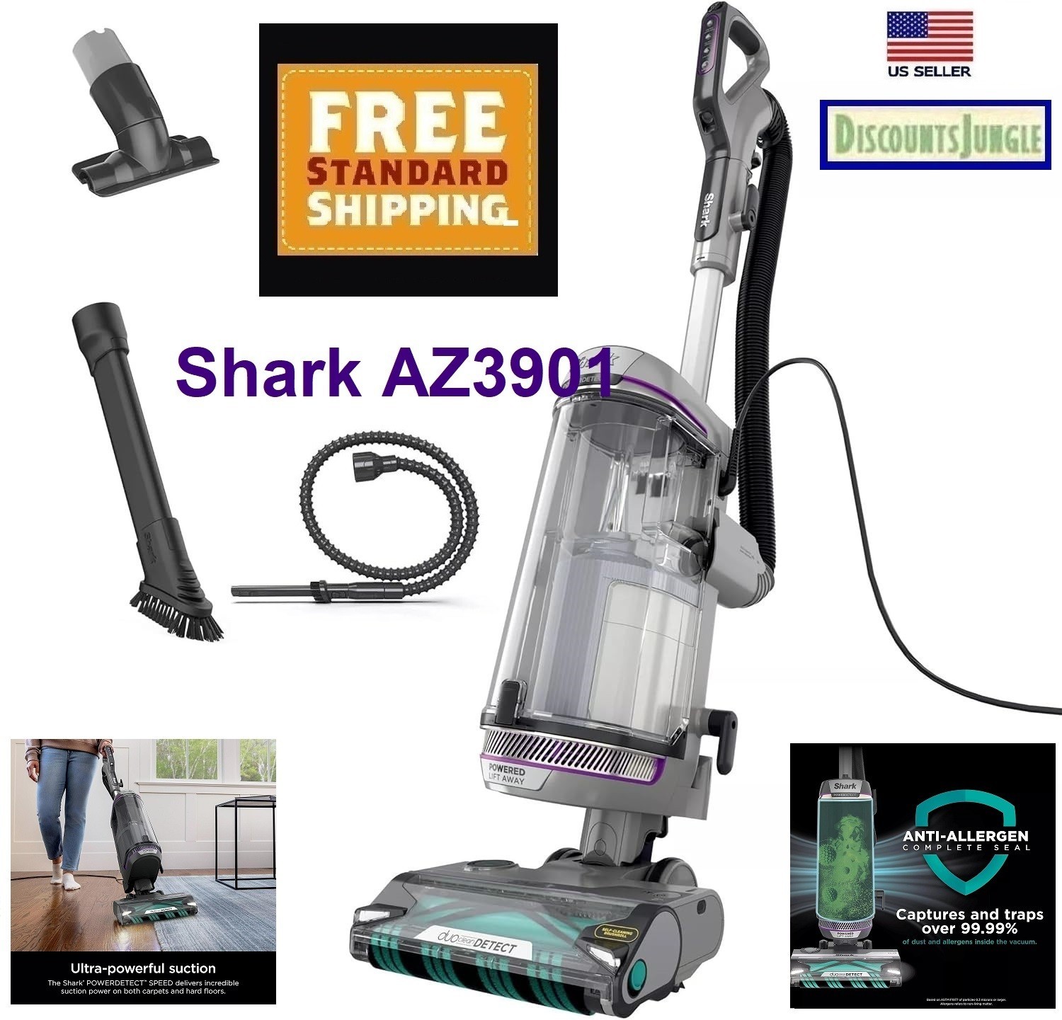 Shark POWERDETECT AZ3901 Upright Vacuum Cleaner Self Cleaning Brushroll PowerfuL