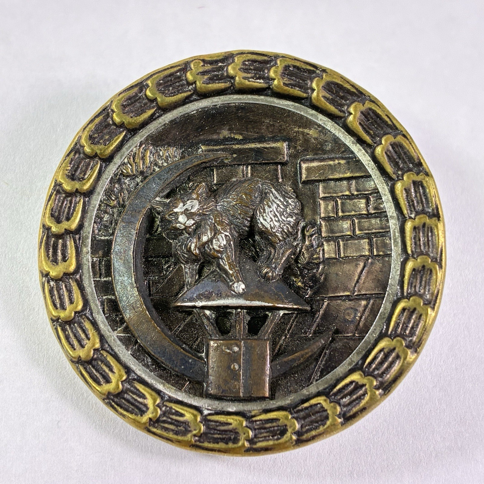 Large Antique Brass Picture Button Cat Sitting On Chimney Cowl 1-7/16\