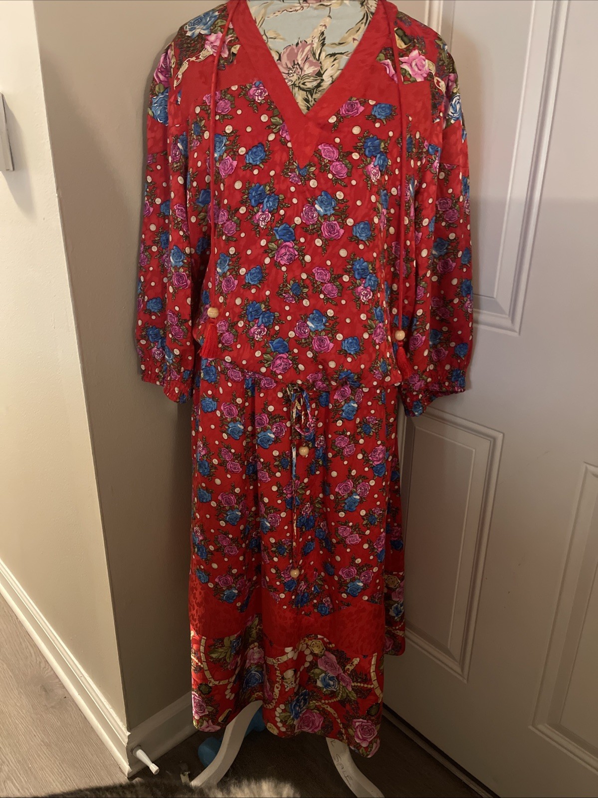 Vintage Diane Freis Silk 2 Piece Skirt Set Red Floral Tassel Maximalist 80s
