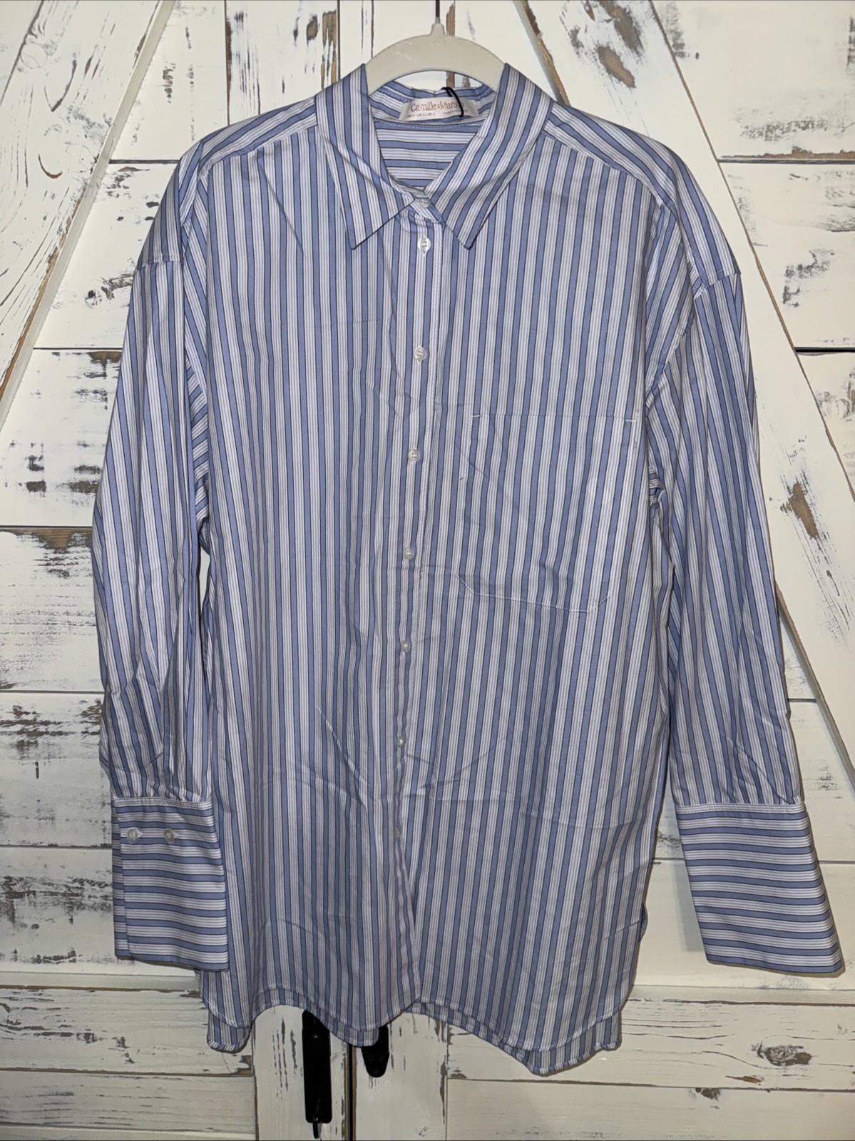 CAMILLE X MANGO Blue Stripe Oversized Cotton Deep Cuff Shirt M UK8-10 Old Money CAMILLE X MANGO Blue Stripe Oversized Cotton Deep Cuff Shirt M UK8-10 Old Money