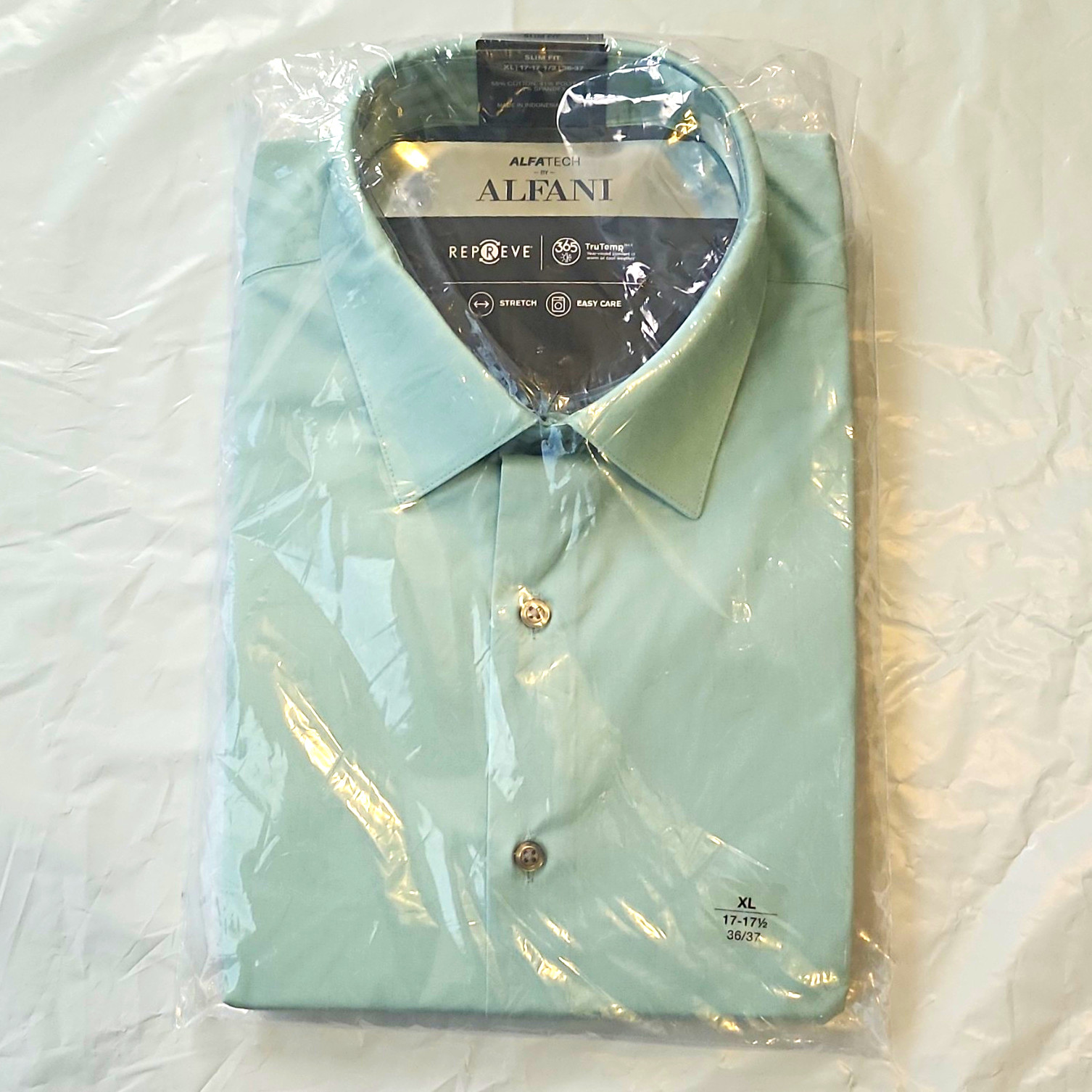 Alfani Alfatech Men\'s Slim Fit Solid Green Dress Shirt 17-17 1/2 36/37 Alfani Alfatech Men\'s Slim Fit Solid Green Dress Shirt 17-17 1/2 36/37
