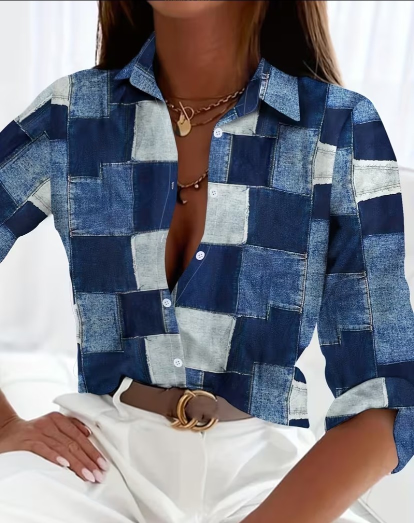 Denim Patchwork Print Blouse Womens Long Sleeve Blue Casual Button Top DUTY PAID