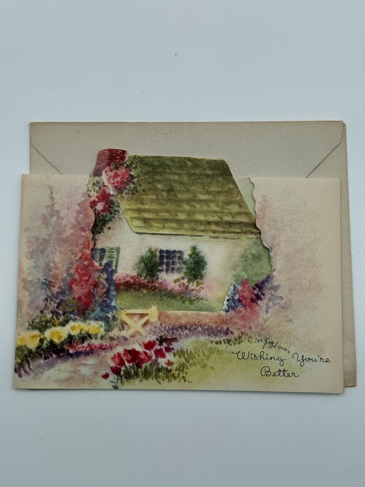 Vintage 1947 Pop Up Get Well Greeting Card Cottage Garden MCMXLVII w/ Envelope