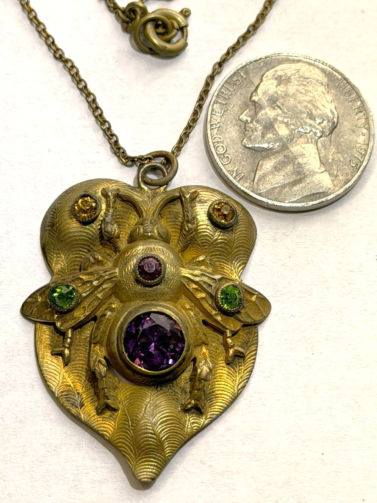 Art Nouveau Brass JEWELED BUMBLEBEE PENDANT Necklace Numbered 795 on Back