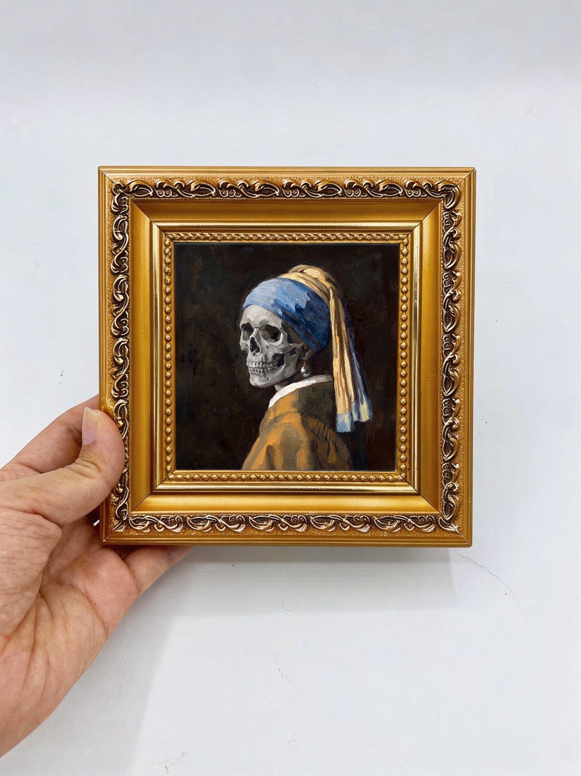 Skeleton Girl Pearl Earring Portrait Custom Original Oil Painting from photo