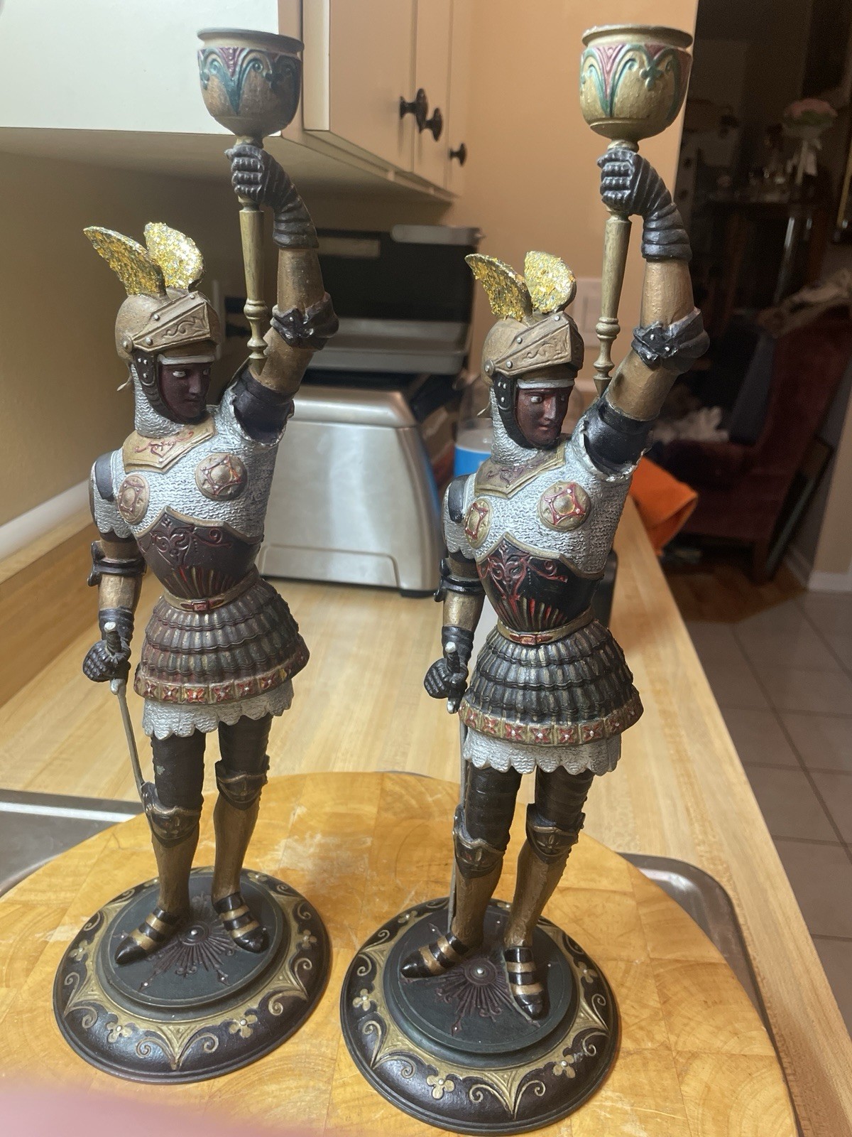 RARE 2 Antique Victorian Spelter Knight Candlesticks Figural 19th Century