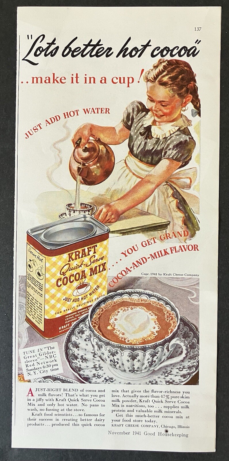 1941 Kraft Quick Serve Cocoa Mix Young Girl Hot Cocoa Drink Vintage Print Ad
