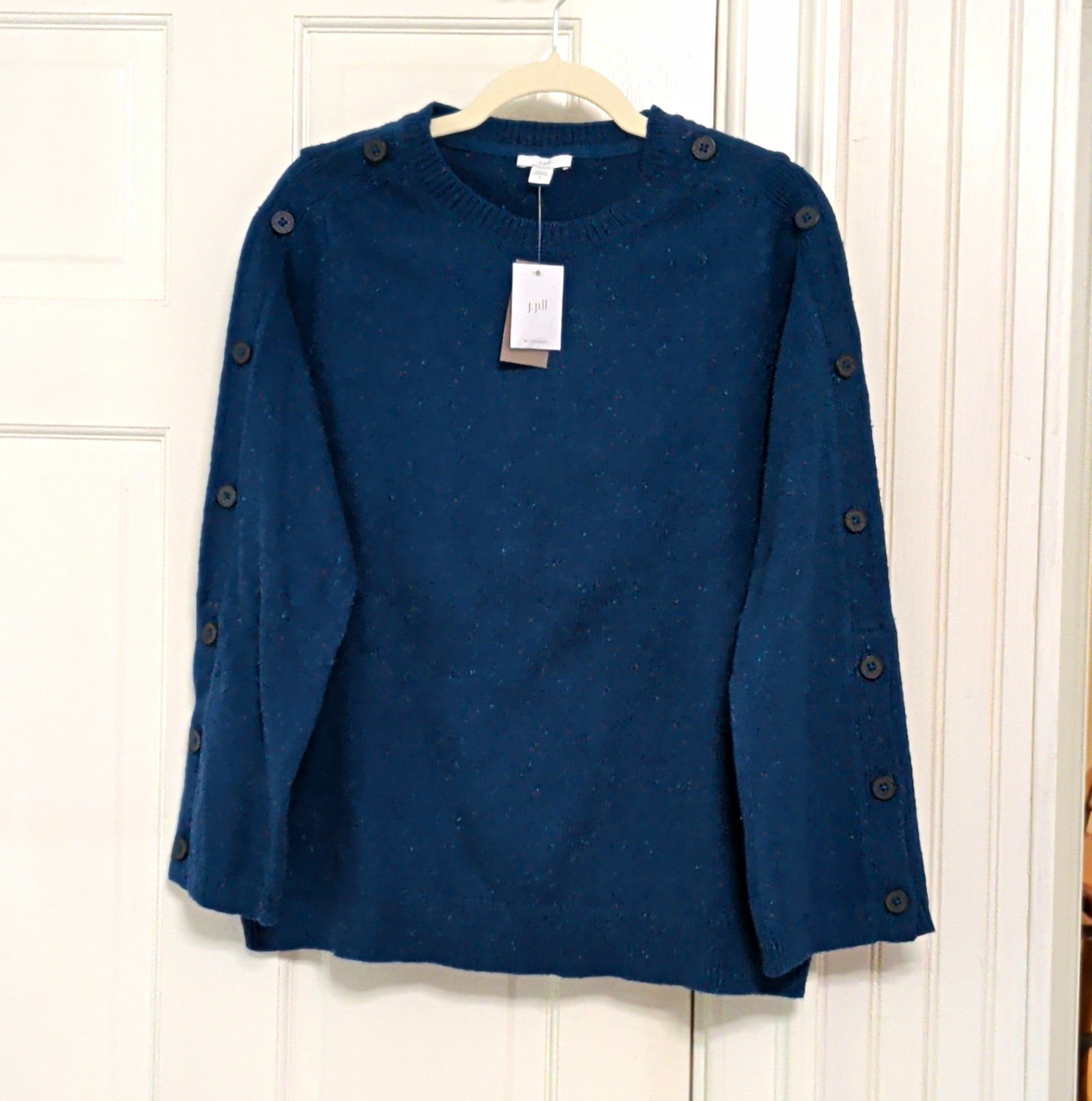J. Jill Blue Speckled Crew Neck 100% Cotton Knit Button Sleeve Sweater Women\'s M