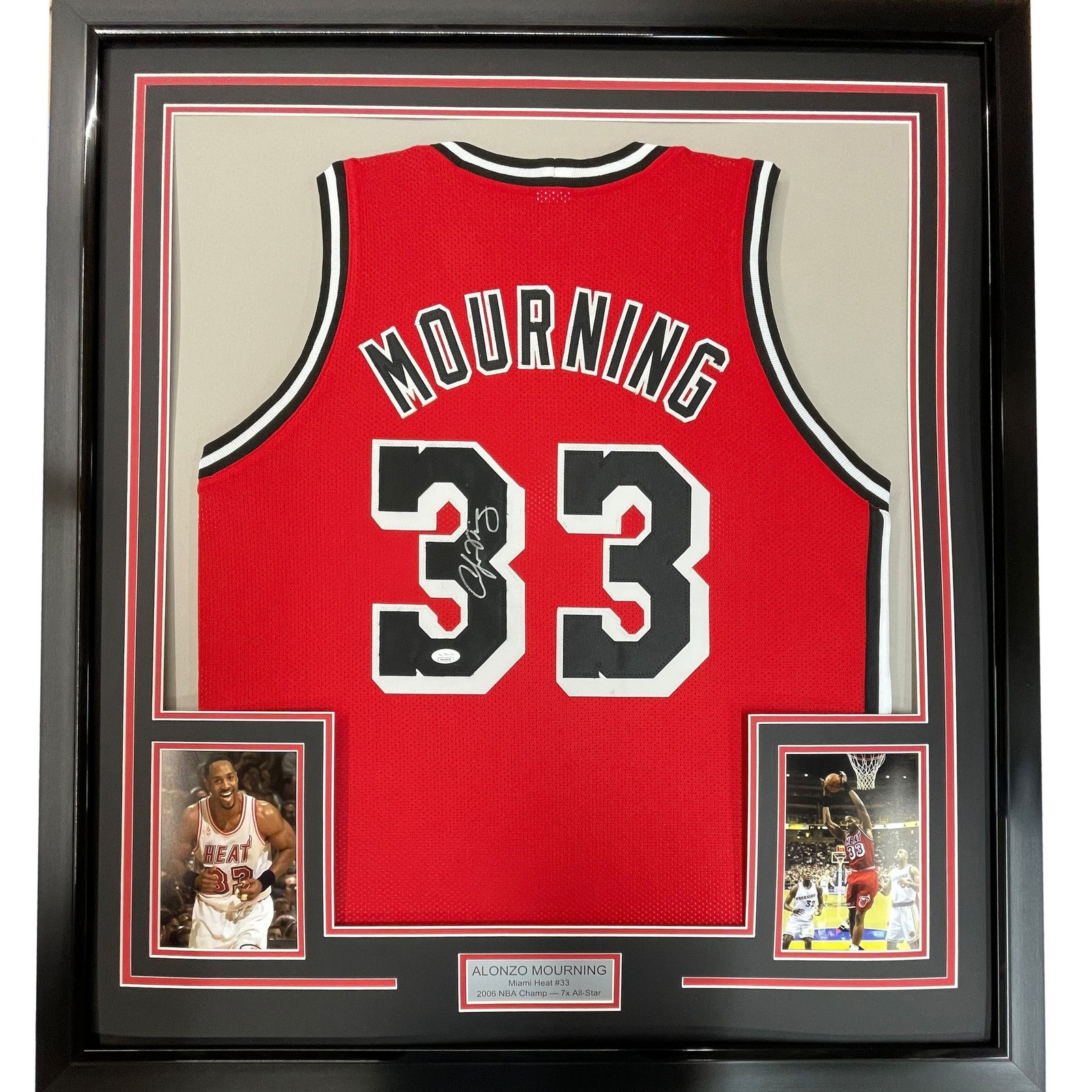 Framed Autographed/Signed Alonzo Mourning 35x39 Miami Red Jersey JSA COA Framed Autographed/Signed Alonzo Mourning 35x39 Miami Red Jersey JSA COA