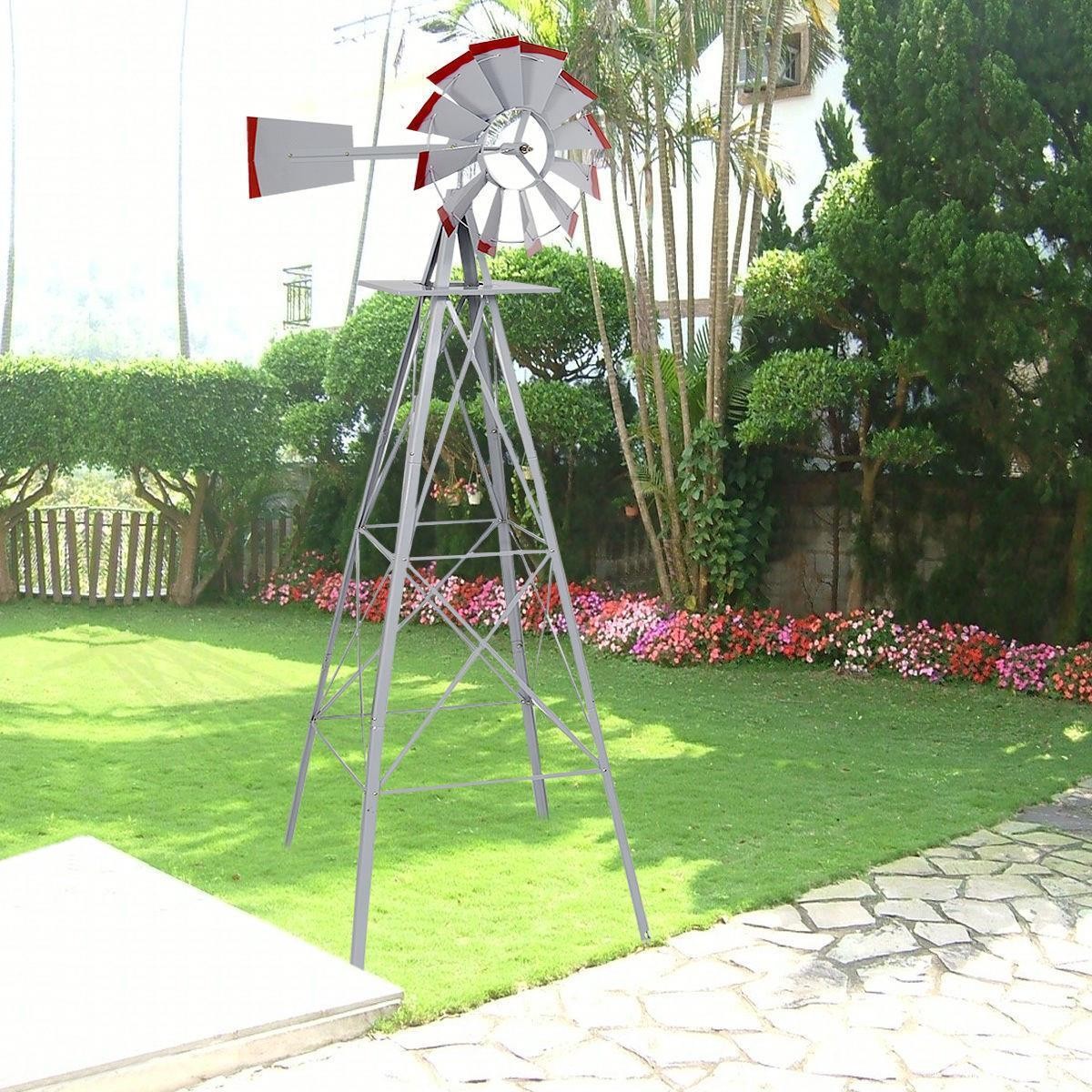 8ft Ornamental Windmill Lawn Speed Iron Garden Weather Vane Rustic Silver & Red