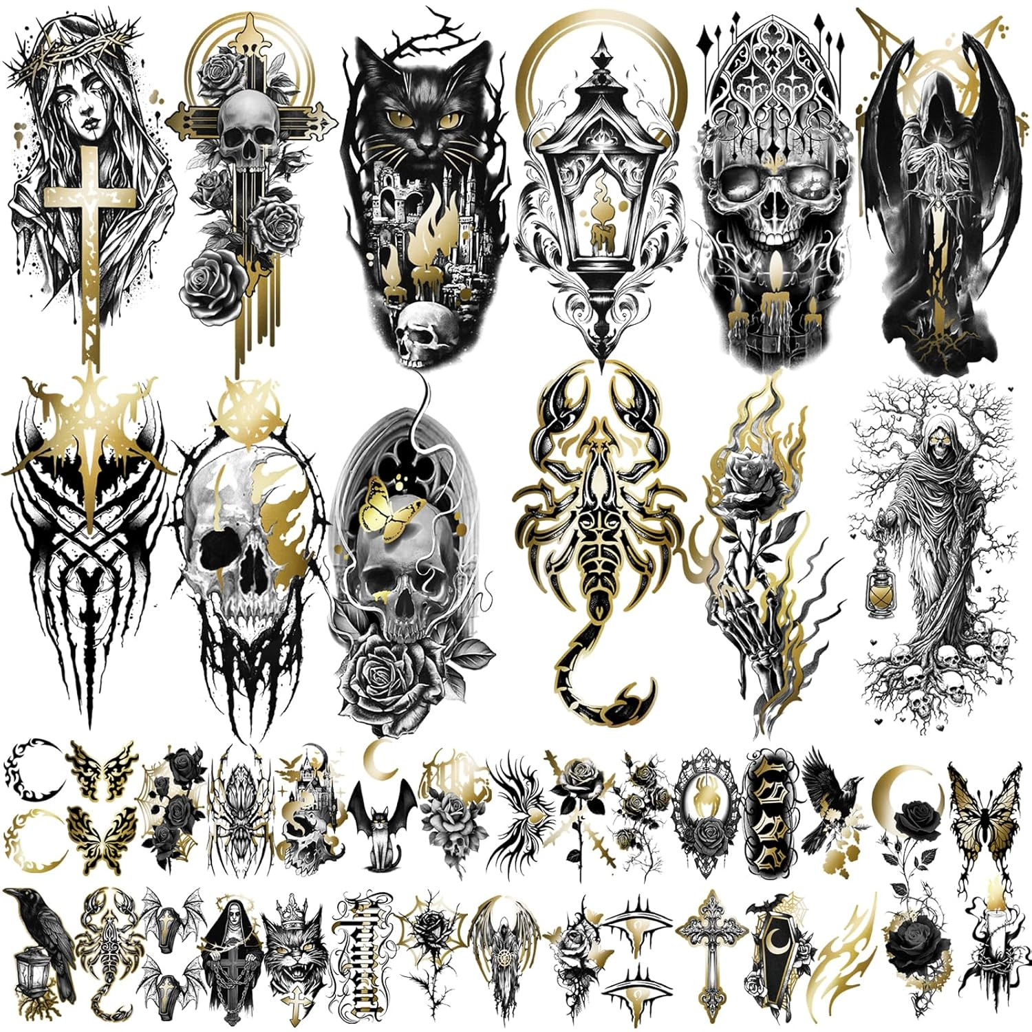 42 Sheets Metallic Gothic Temporary Tattoo for Women Men, 12 Half Arm Golden