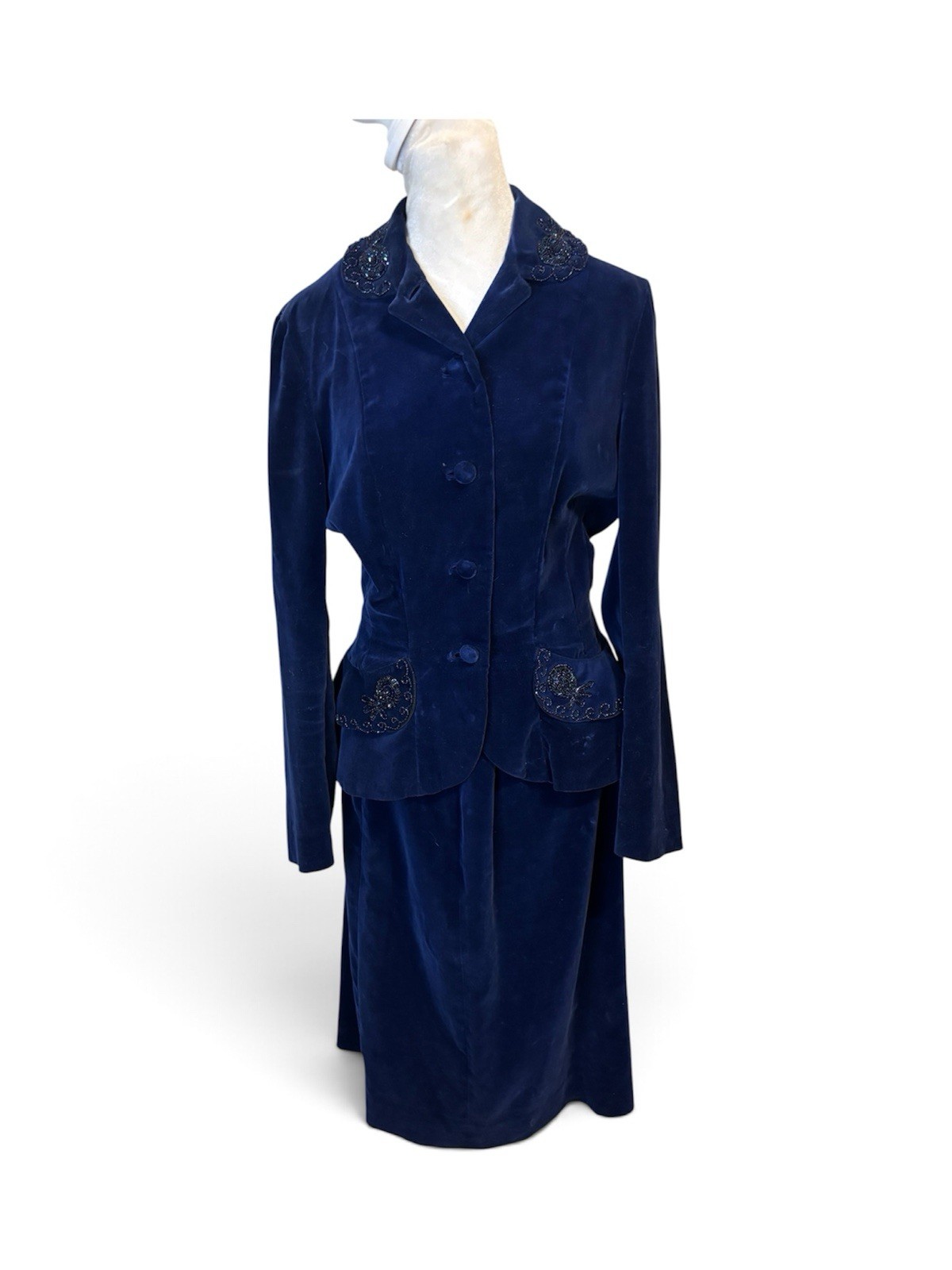 Alix Of Miami Vintage 1960s Blue Velvet Beaded Jacket And Skirt Set