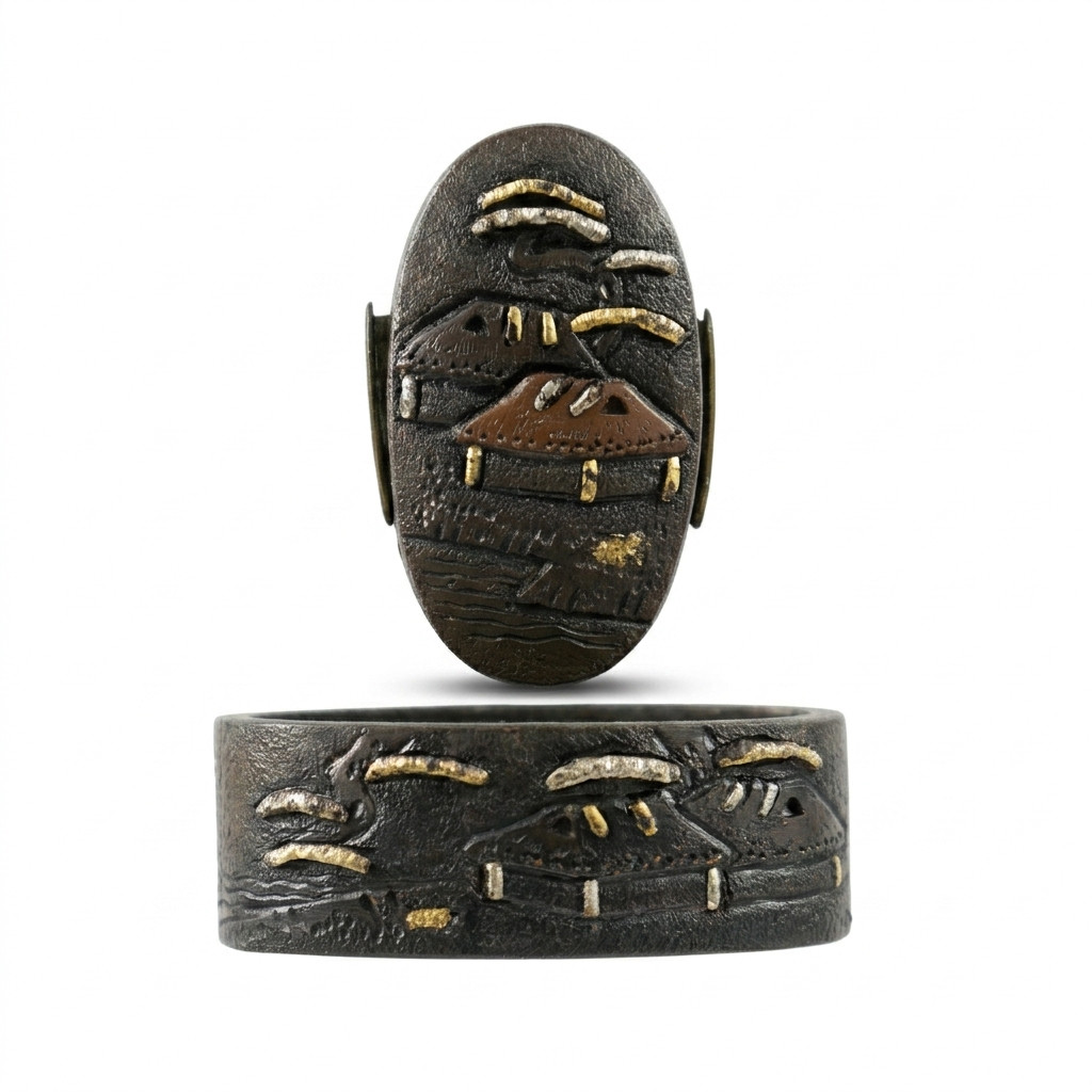 Fuchi-Kashira Set with Winter Village Landscape Motif (Yukigeshiki) B125092