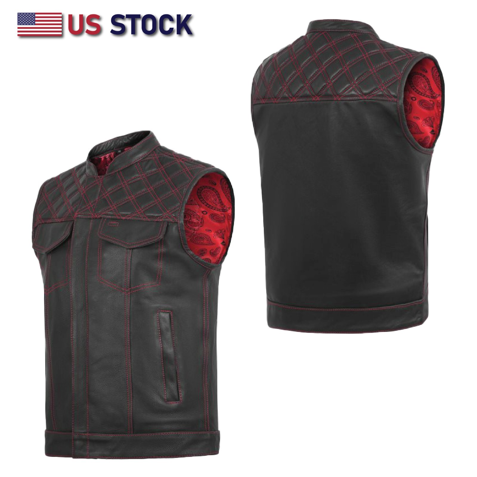 RED black men cross stitch vest, HL11693SPTRED black men ,USA stock leather vest