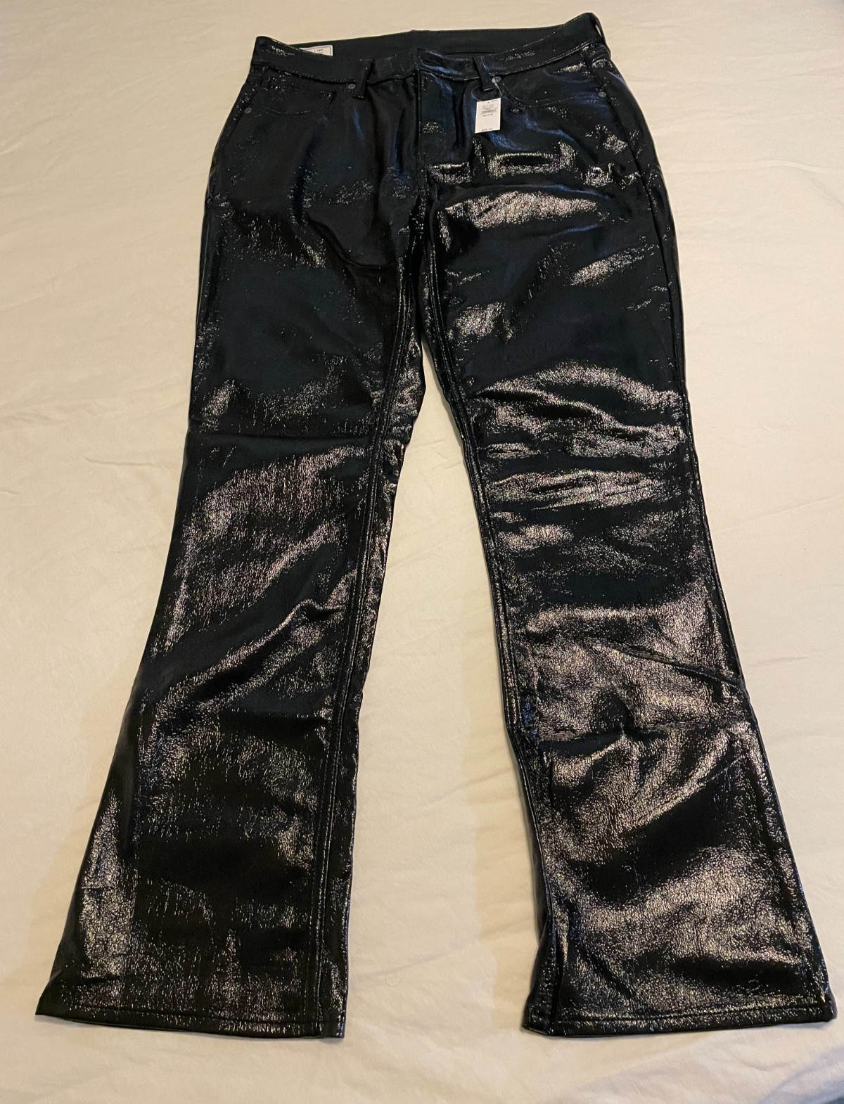 Gap Mid Rise Vegan Faux Leather BabyBoot Pants 32/14R NWT orig $90 Black Stretch