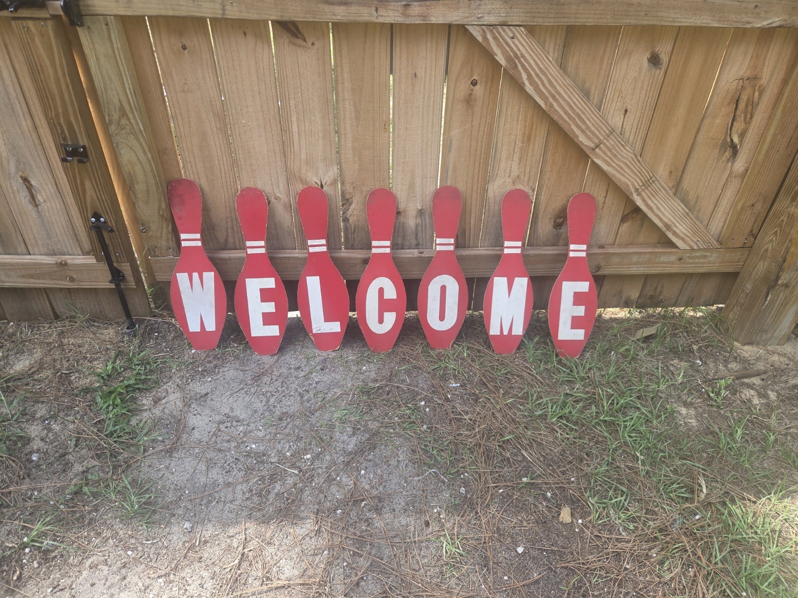 Vintage 7 Pc 40s 50s Masonite Bowling Pins Welcome Sign Complete Ea Piece 20x6 Vintage 7 Pc 40s 50s Masonite Bowling Pins Welcome Sign Complete Ea Piece 20x6