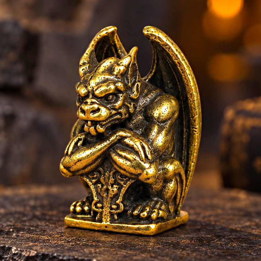 Mini Brass Gargoyle Figurine, Gothic Desk Decor, Tiny Guardian Statue