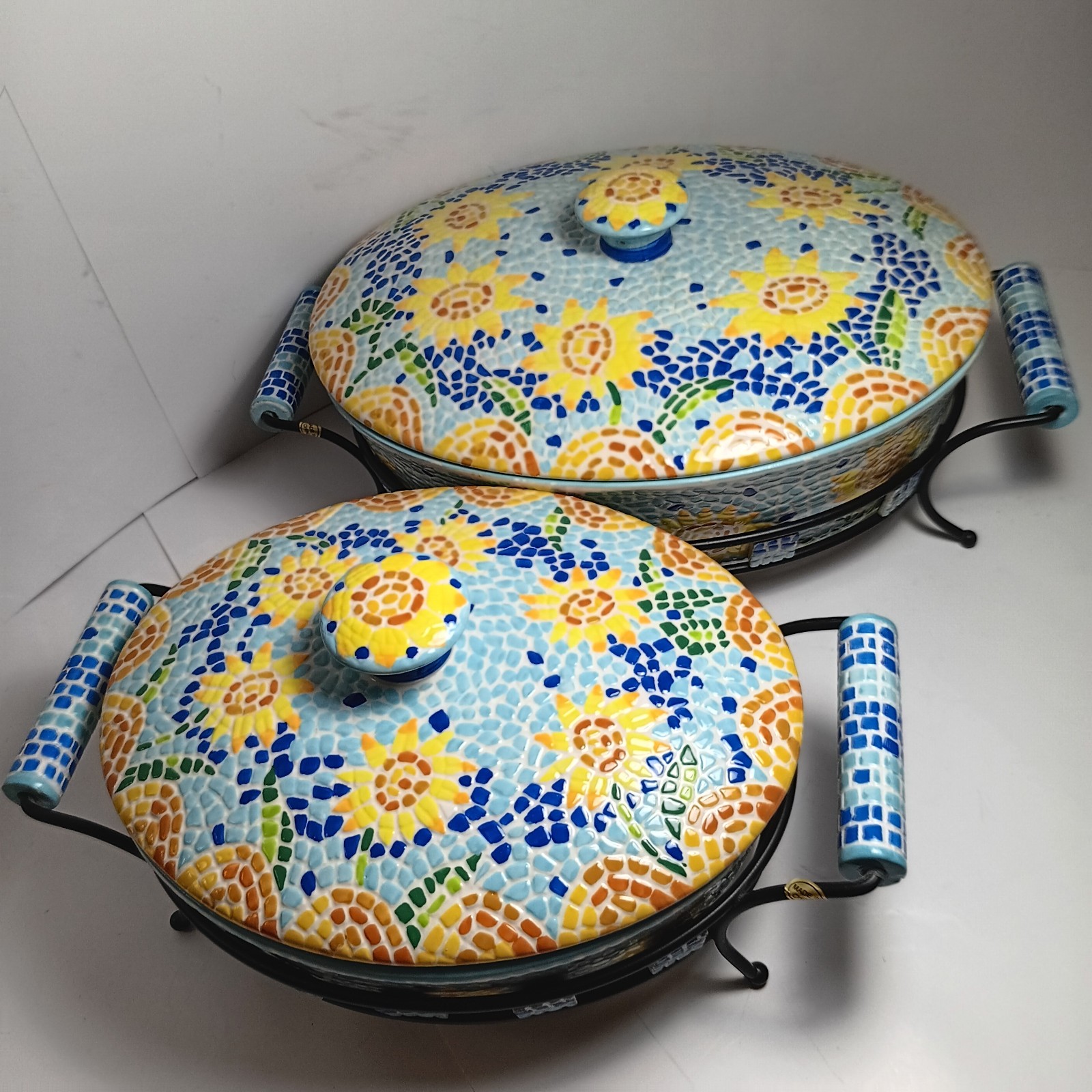 Temp-tations by Tara Mosaic Sunflower Set 3Qt 1.5Qt Casserole Bakers Lids Racks