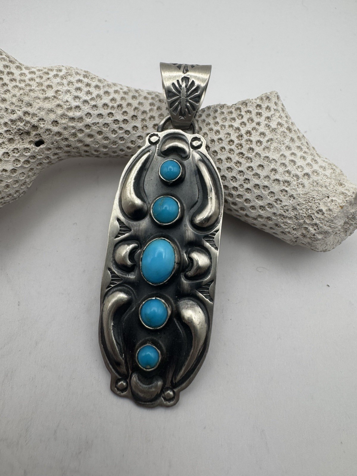 Navajo Artist Jeff James Turquoise And Sterling Silver Pendant Navajo Artist Jeff James Turquoise And Sterling Silver Pendant