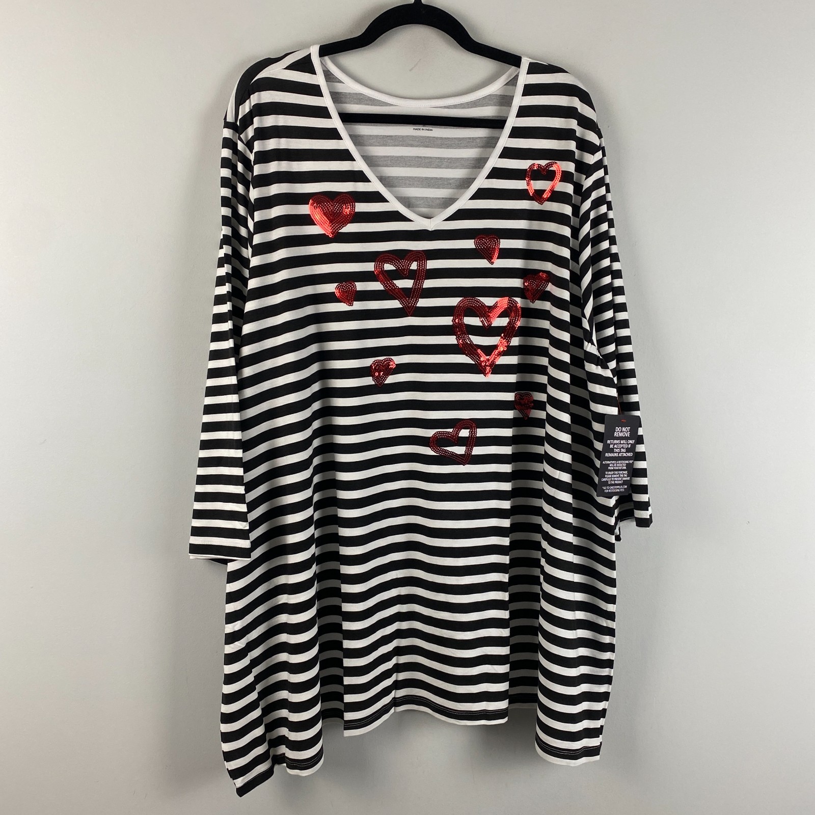 Catherines Sequin Heart Tunic Shirt Size 3X Black White Stripe V Neck 3/4 Slvs