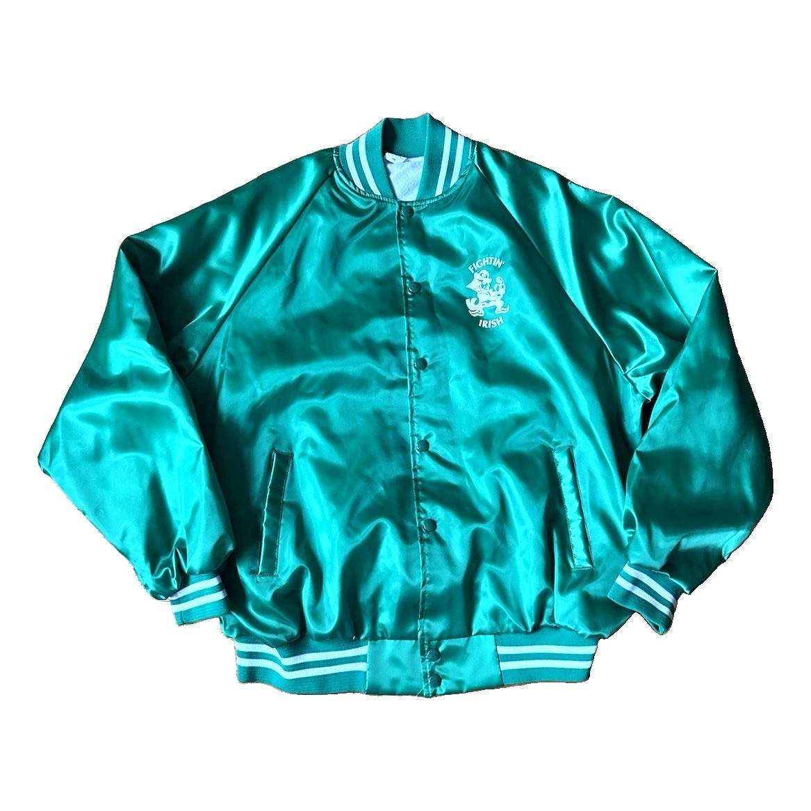 VTG 80s Norte Dame Fighting Irish Satin Snap Up Varsity Jacket Mens 2XL USA Made