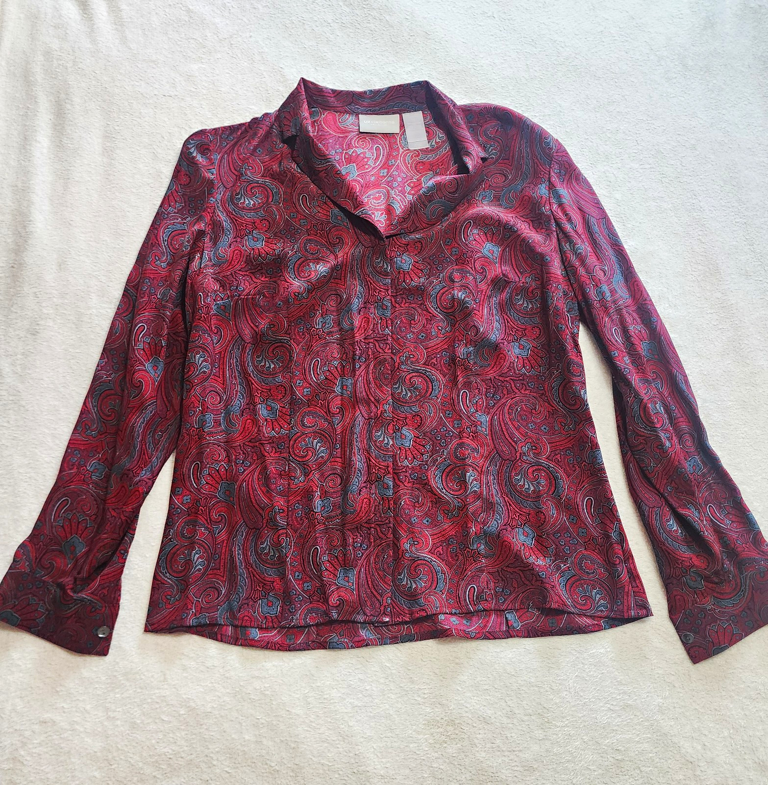Vintage Liz Claiborne Silk Paisley Button Down Shirt Blouse Red Blue Size 10