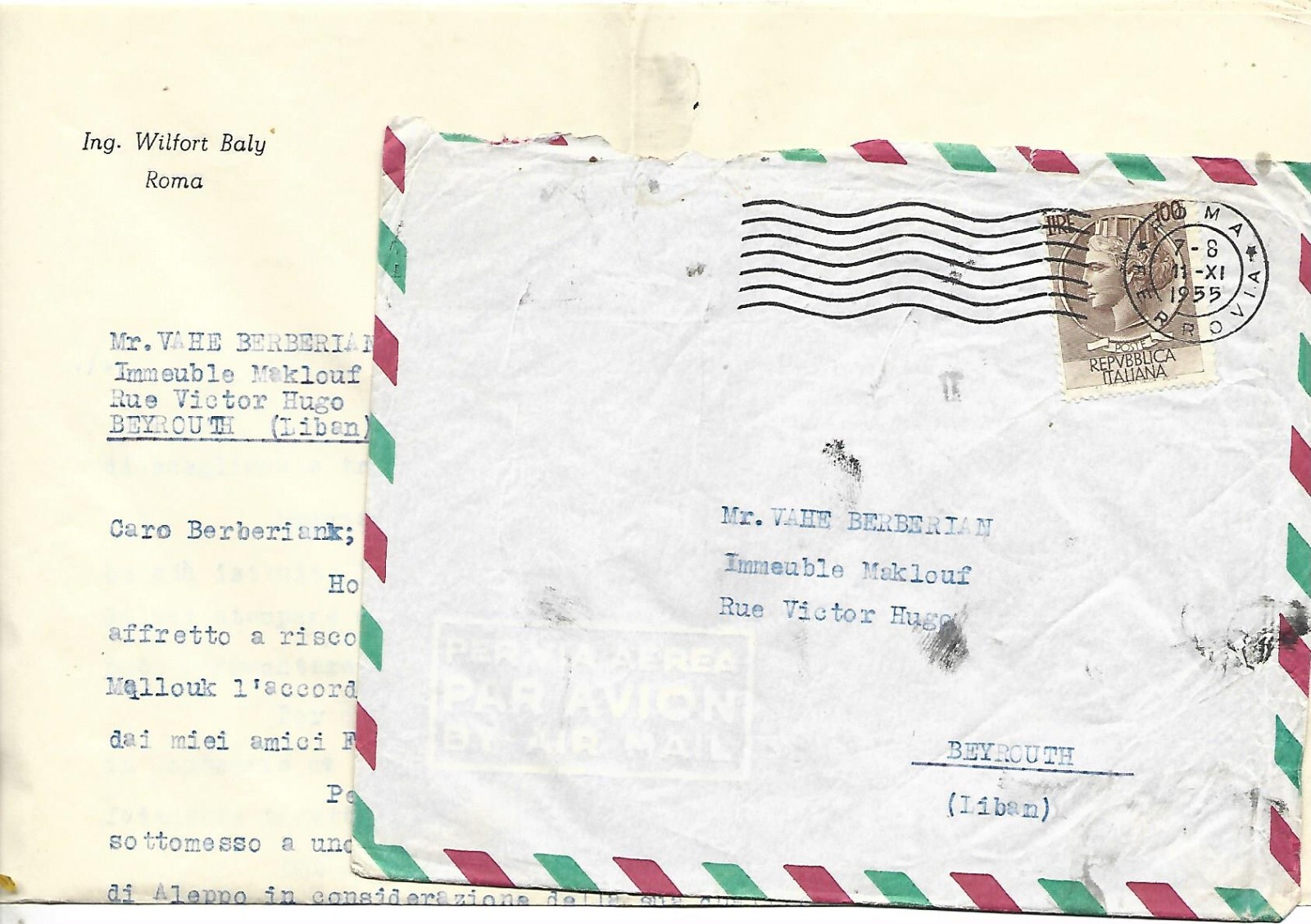 1955 100L SYRACUSAN HEAD ISOLATED ON AIROGRAM FROM ROME X BEIRUT LEBANON