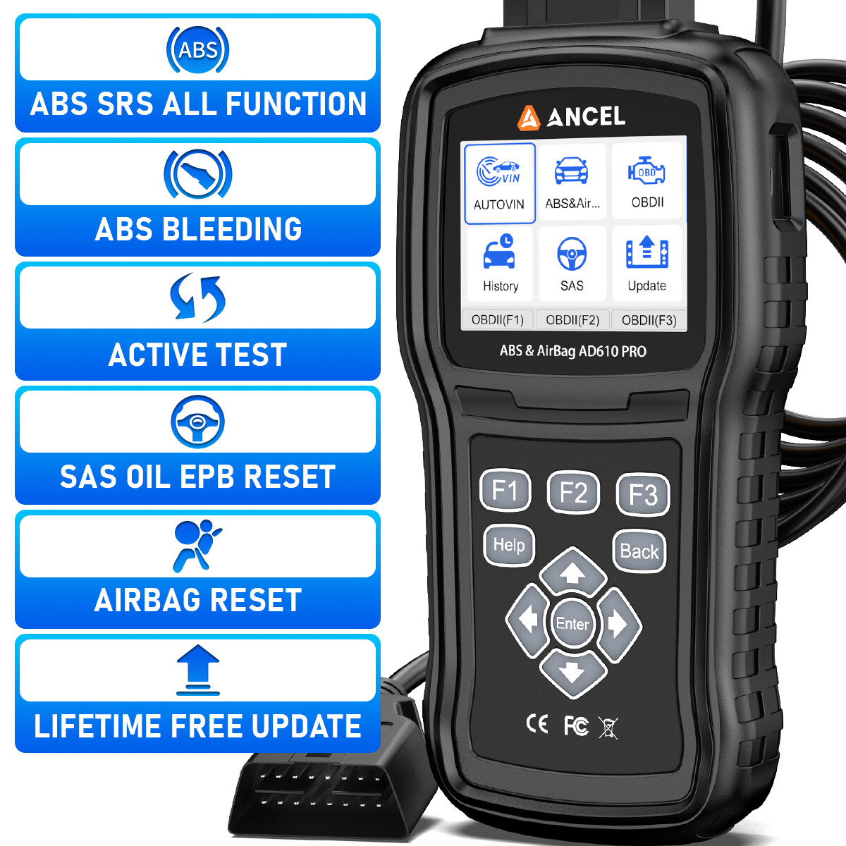 ANCEL AD610 Pro Bidirectional OBD2 Scanner Diagnostic ABS Bleeding SRS Oil SAS