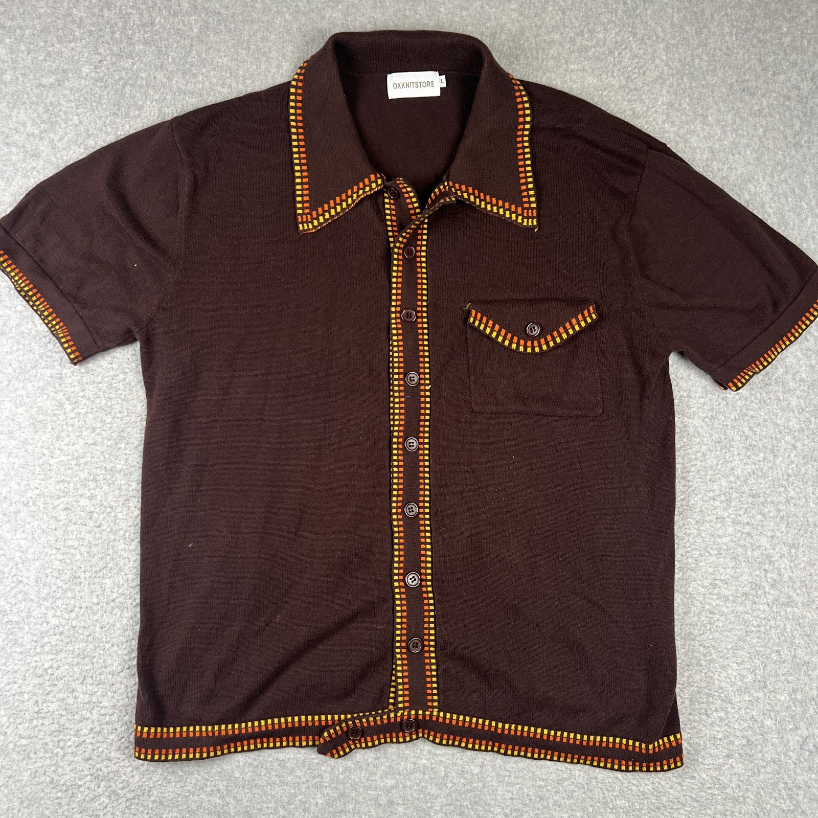 OXKNIT Retro Short Sleeve Button Shirt Polo Large Mens Brown Cotton Pocket OXKNIT Retro Short Sleeve Button Shirt Polo Large Mens Brown Cotton Pocket