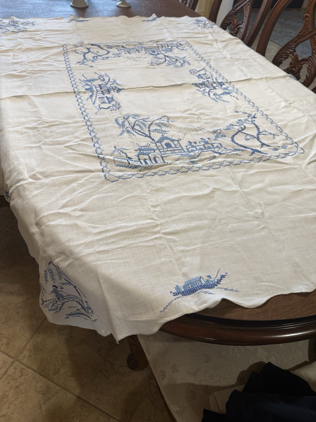 Exquisite Blue Willow Vintage Hand Embroidered Large Tablecloth 71” By 56” Exquisite Blue Willow Vintage Hand Embroidered Large Tablecloth 71” By 56”