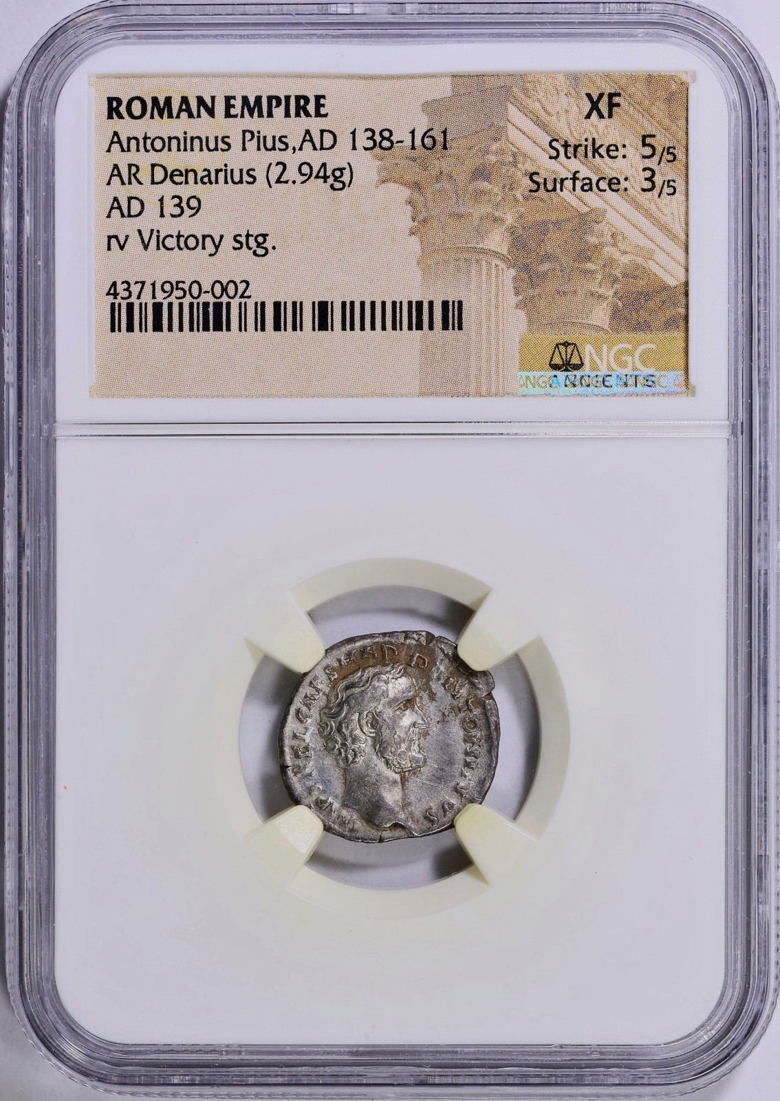 (Early Pius) 138-161 AD Antoninus Pius Ancient Roman Silver Denarius NGC XF