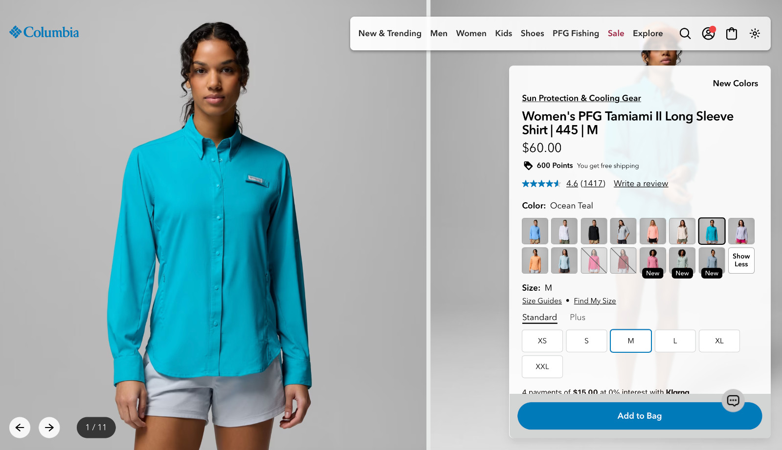 NEW Columbia Women\'s PFG Tamiami II Long Sleeve Shirt Ocean Teal Medium M