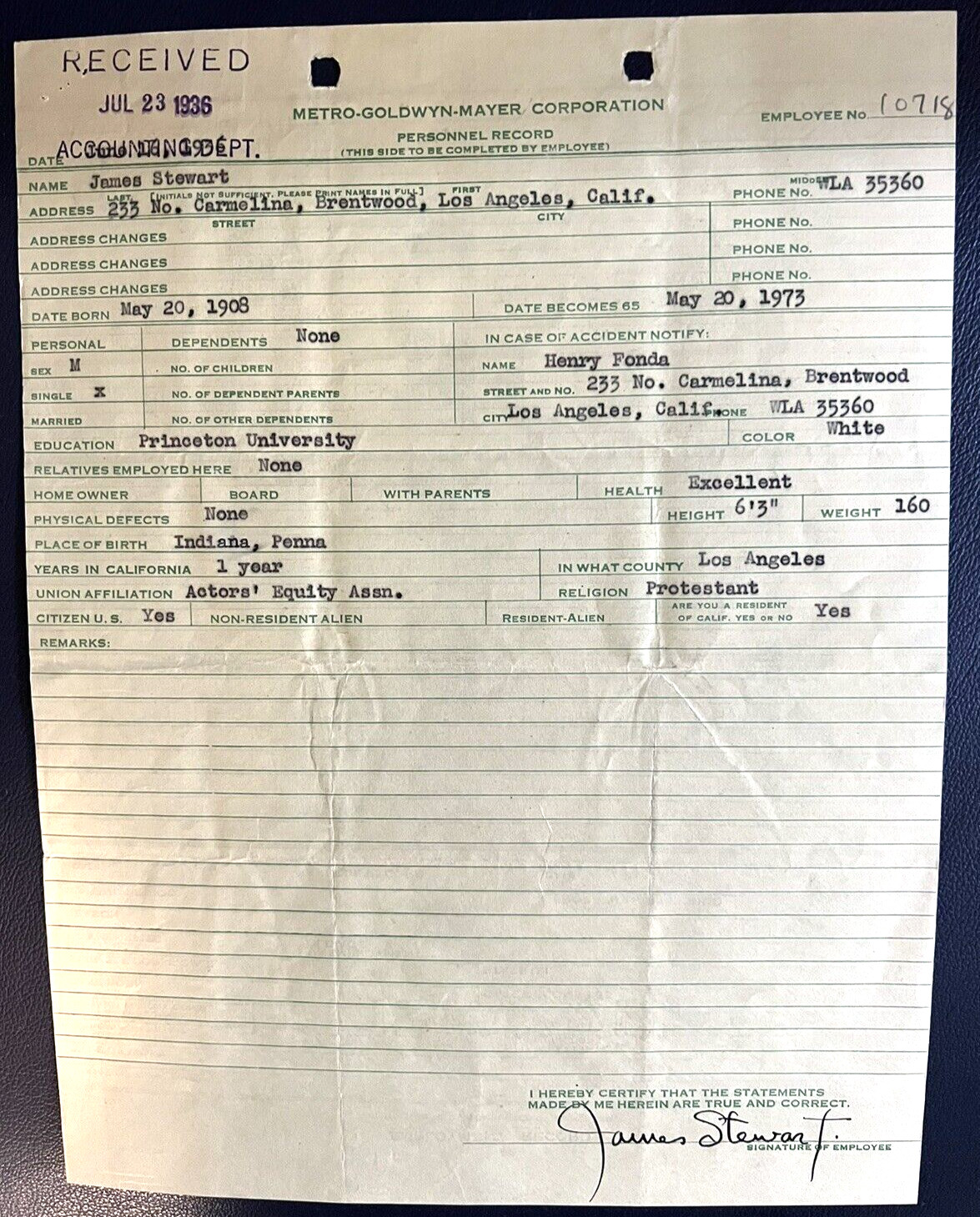 JAMES STEWART EARLY LEGAL SIGNATURE ON HISTORIC ORIG 1936 MGM PERSONNEL DOCUMENT