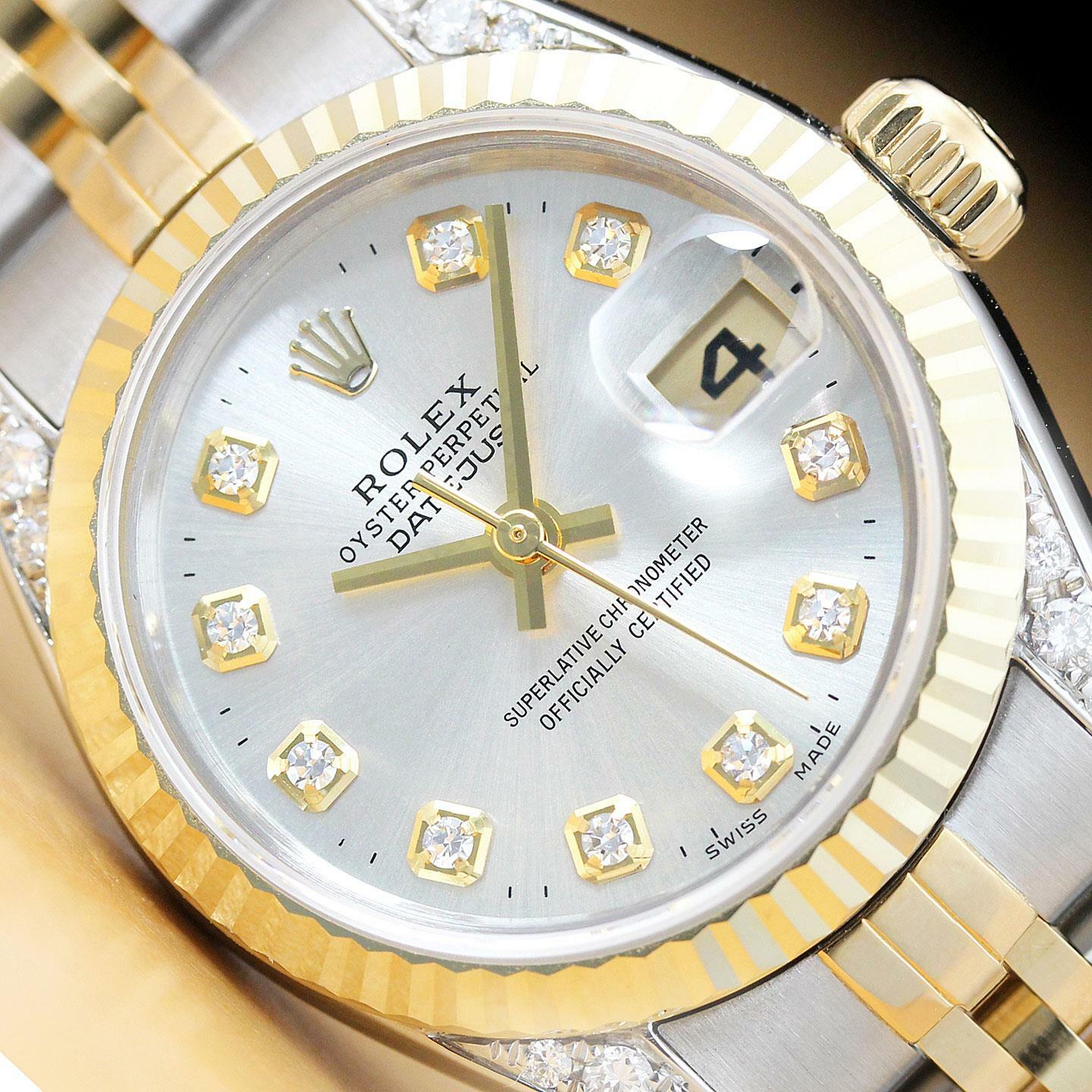 ROLEX LADIES DATEJUST SILVER DIAL 18K GOLD STEEL DIAMOND LUGS QUICKSET WATCH