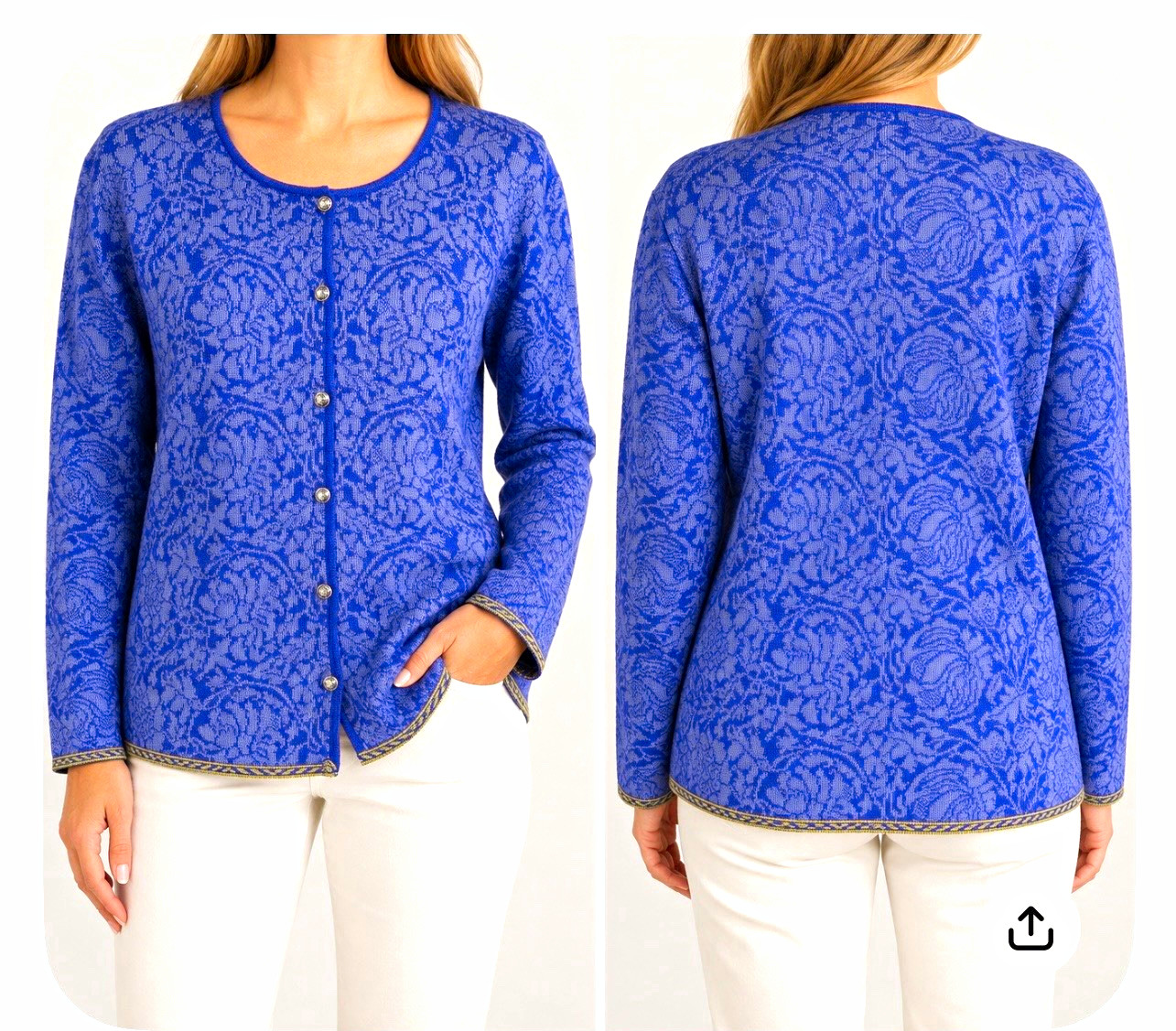 Oleana Blue Silk Wool Knit Floral Cardigan Button Front Round Neck Women’s.