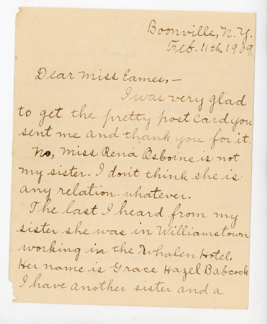 1909 Antique Handwritten Letter Boonville NY Student Anna Osborne Whalen Hotel 1909 Antique Handwritten Letter Boonville NY Student Anna Osborne Whalen Hotel