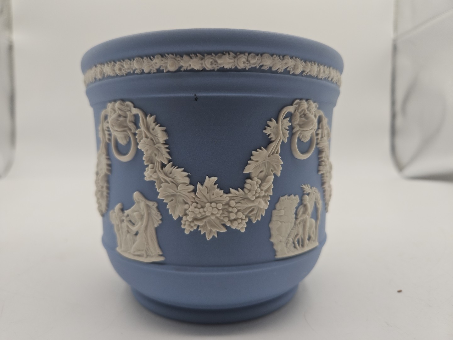Vtg. Wedgwood Blue Jasperware Planter (4.25”h x 5”w) HTF Pattern Made In England Vtg. Wedgwood Blue Jasperware Planter (4.25”h x 5”w) HTF Pattern Made In England