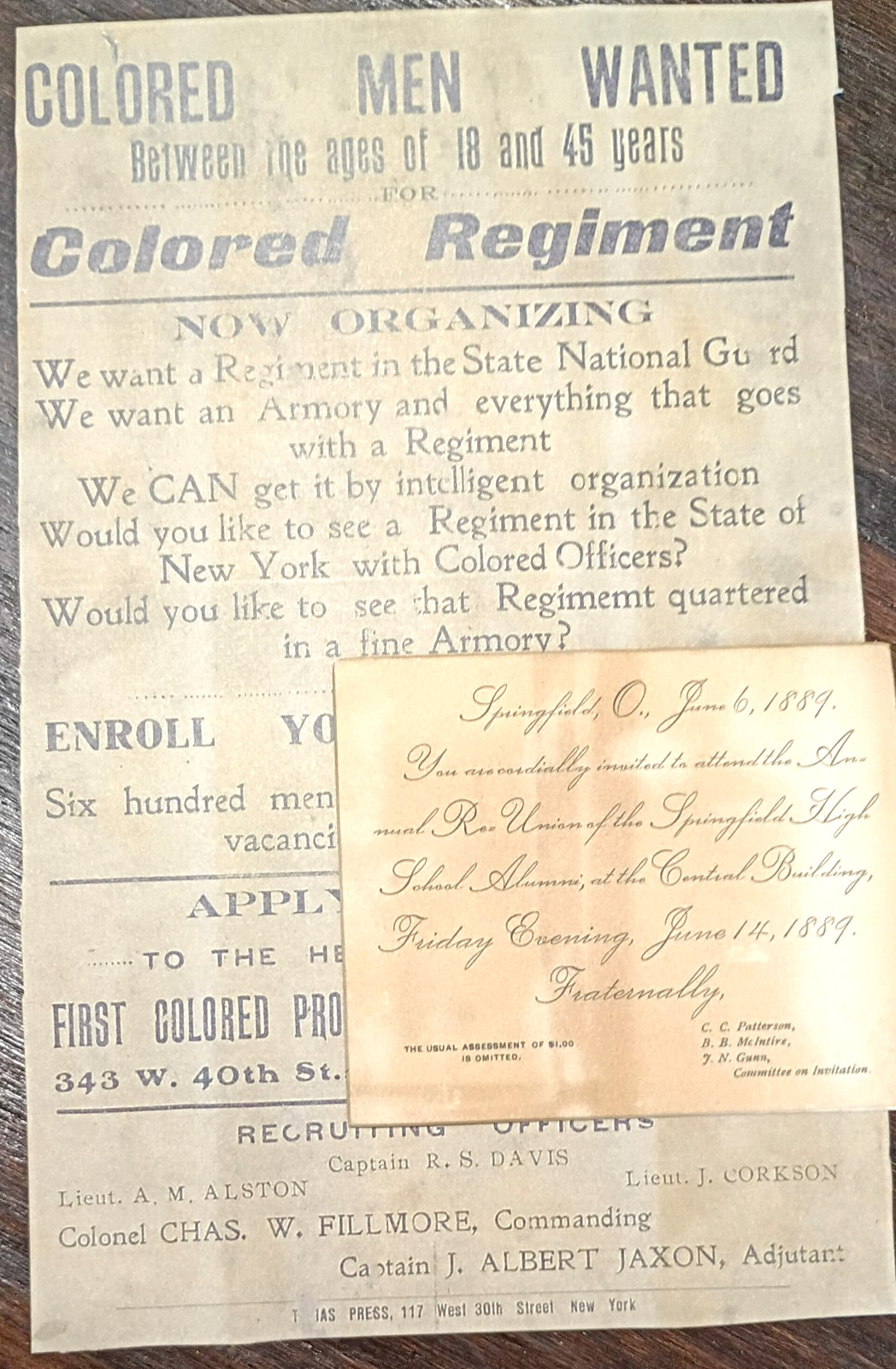 Col. Charles Fillmore Harlem Hellfighters Original 1889 Invite & Broadside Print