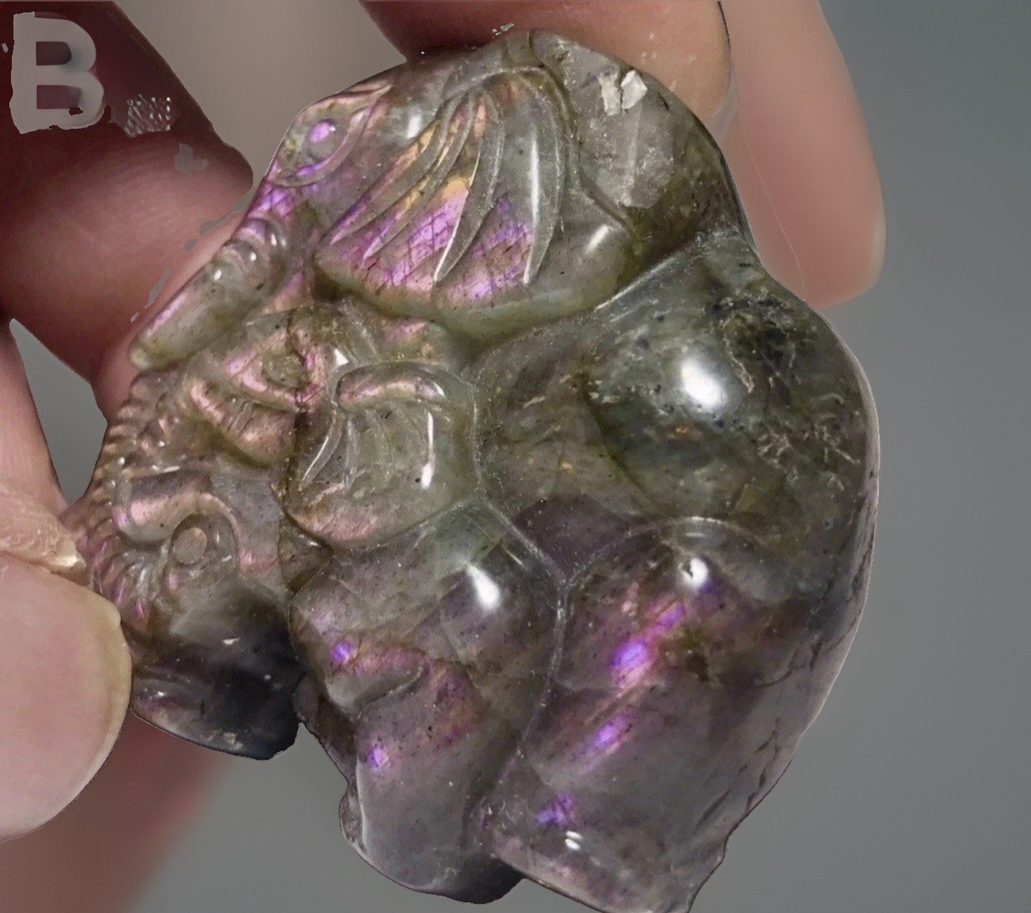 Beautiful Elephant Carved Into Labradorite Crystal Rare Purple Famous Finland