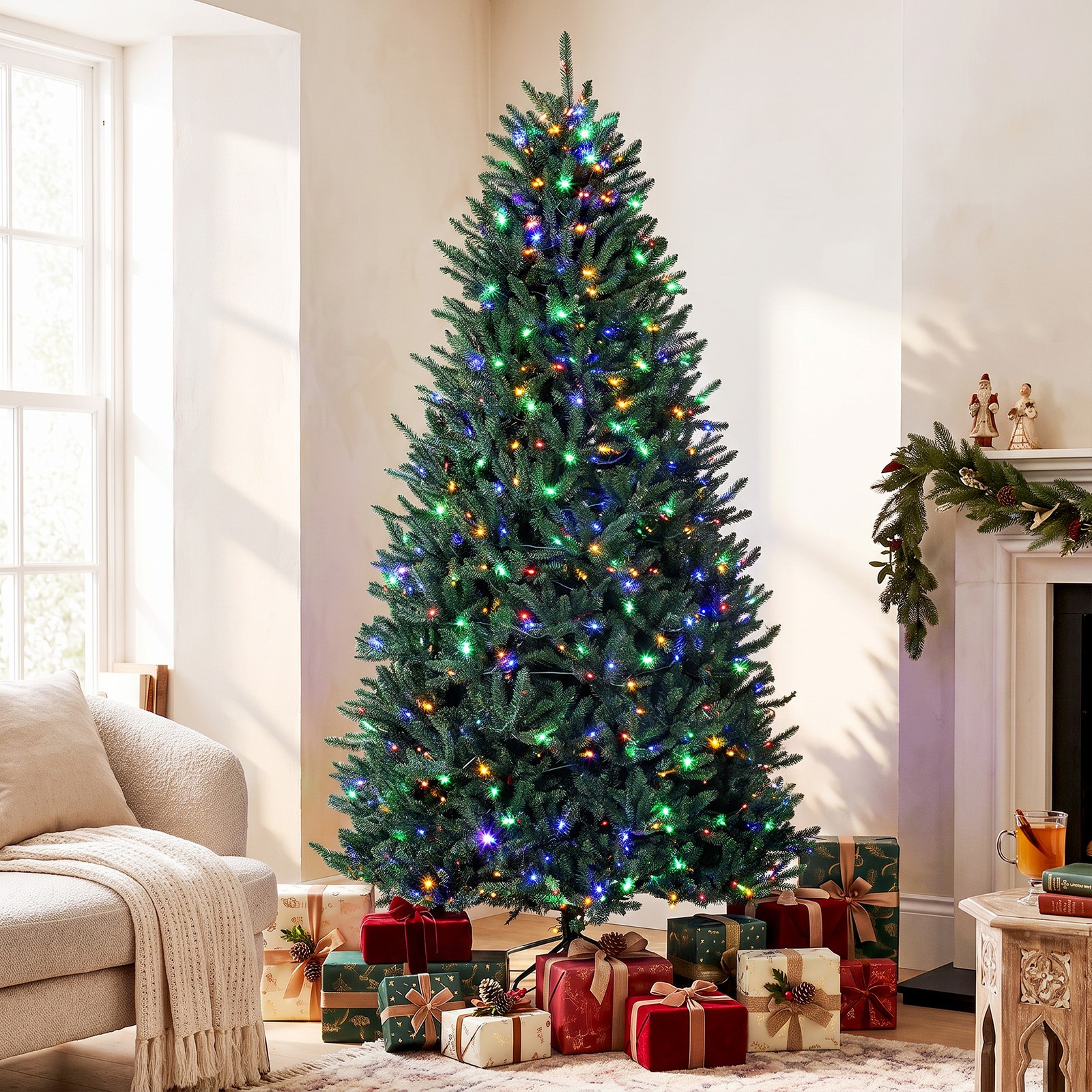 HOMCOM 9ft Prelit Christmas Tree, Easy Plug, Dual-Color Lights, Hinged