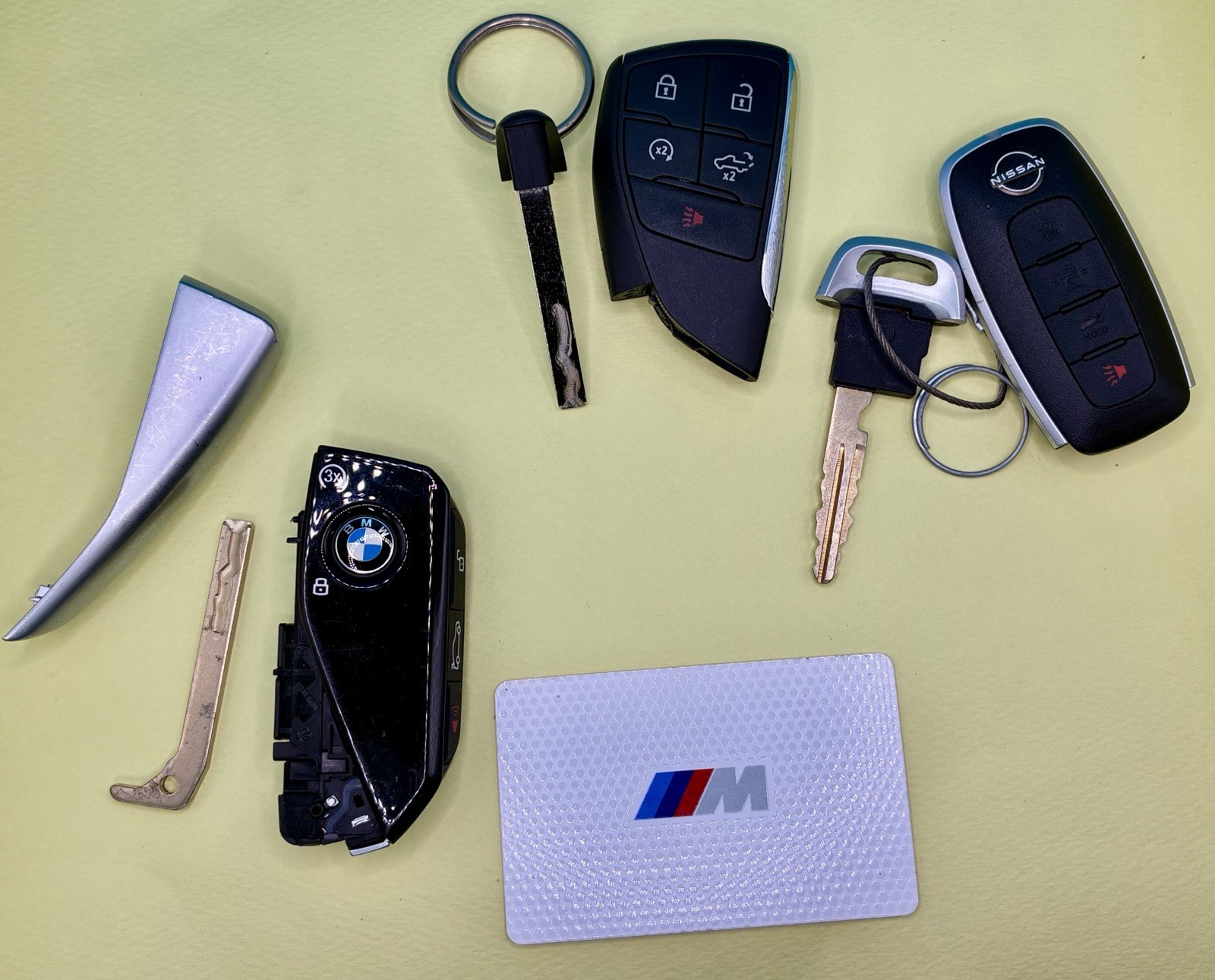 OEM Key Fob Lot Chevrolet BMW M Digital Key Card Nissan Chevy w Emergency Keys