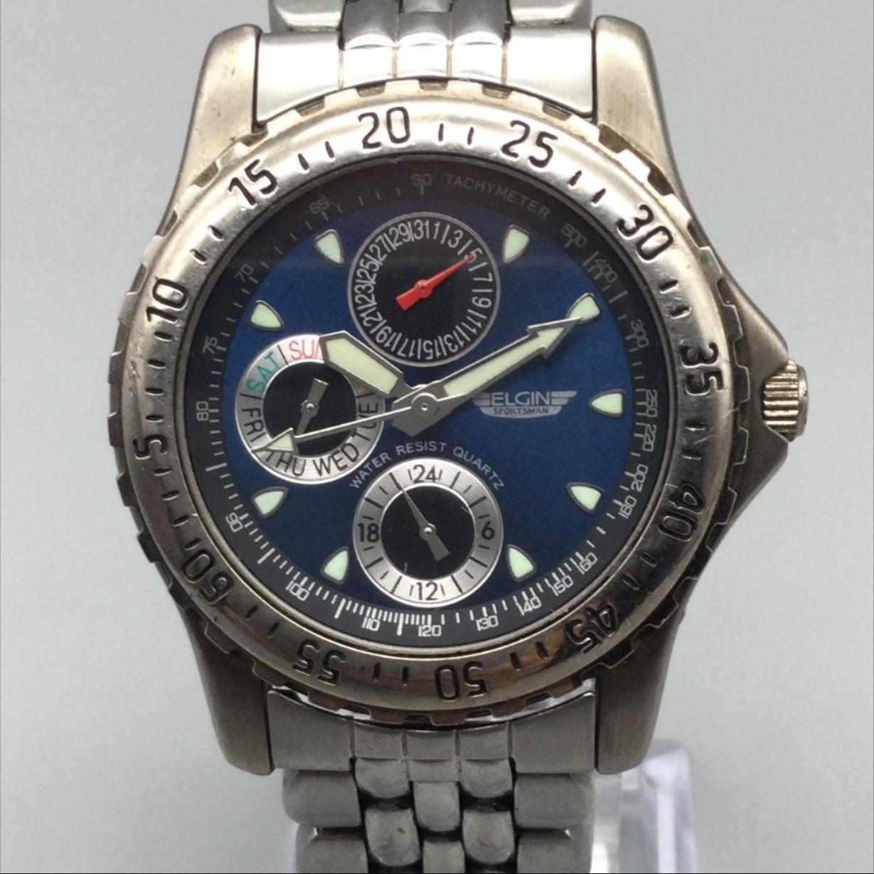 Elgin Sportsman FS39-040 Mens Watch 38mm Blue Dial SS Day Date New Battery 7\
