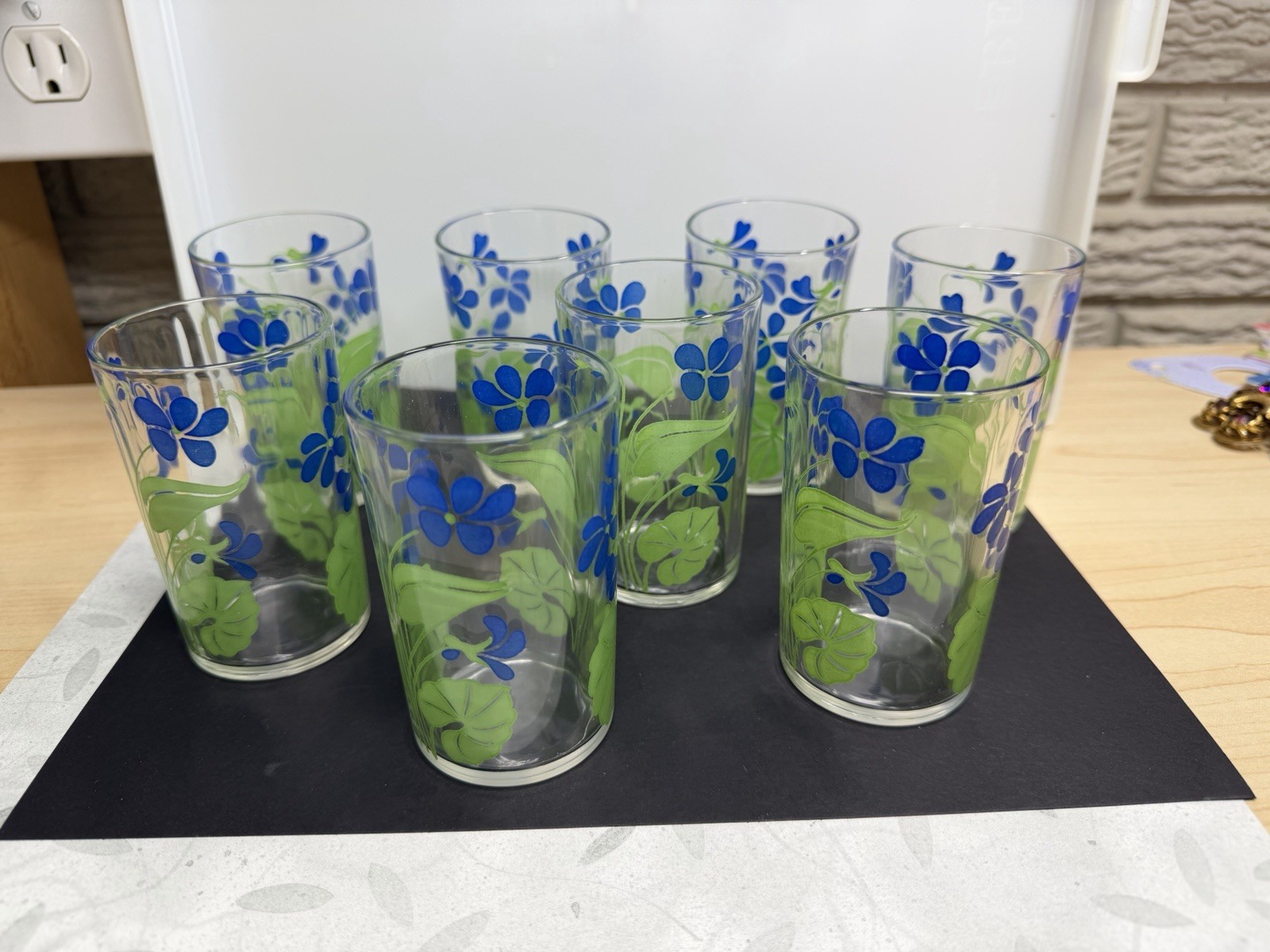 Vintage Kraft Swanky Swig Blue Violet Juice Glasses 4oz Set of 8 Hazel Atlas MCM