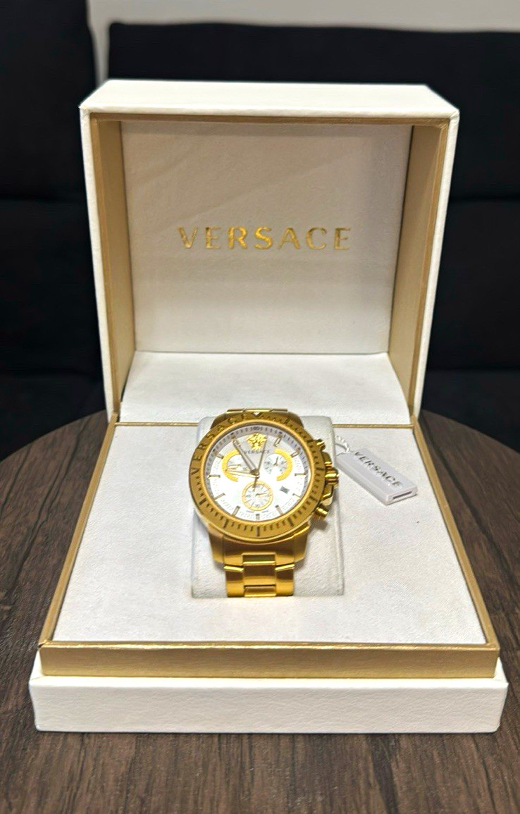 Versace V-Race Men’s Quartz Chronograph Gold SS Bracelet Watch w/ Box & Papers