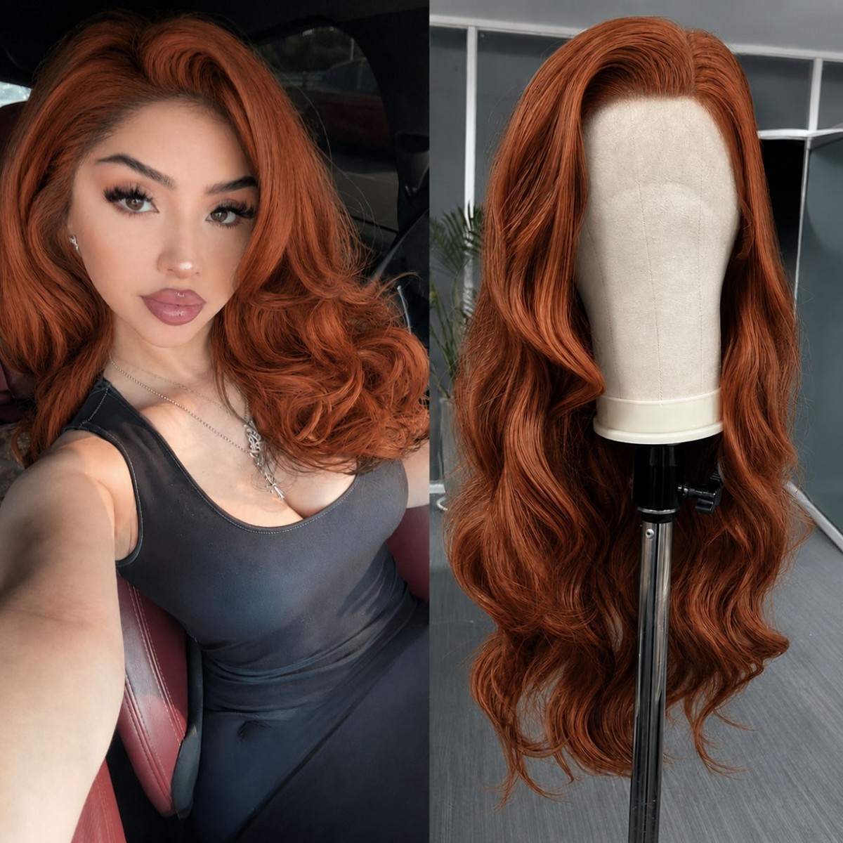 Copper Red Synthetic Hair Invisible Hairline Long Wavy 13x4 Lace Front Wigs